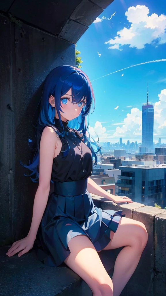 1 anime girl, alone,blue hair,Blue shining jewel eyes,Black petals flutter, A mysteriously shining butterfly.blue sky,city,Vivid blue hair,bright blue jewel eyes,thin legs,cloudy sky,very clear,highest quality,Straight Hair,morning,Mid-length skirt,City of Sunsets,Looking up at the sky,profile,Look to the side,Sitting