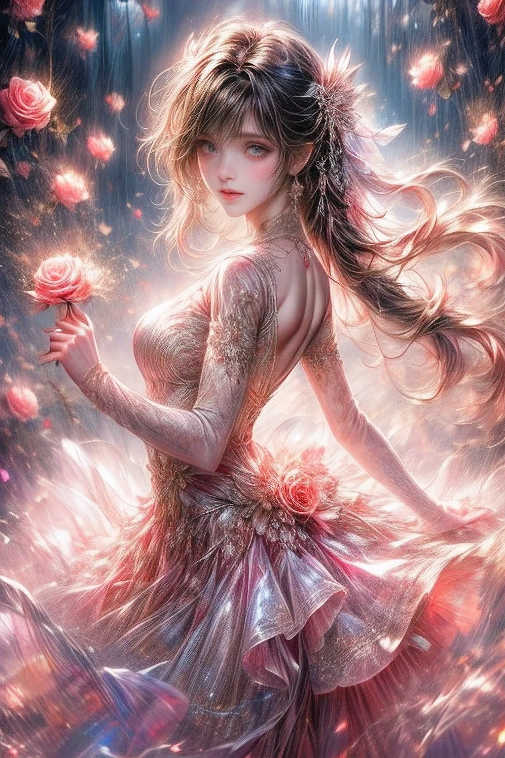 multiple exposure, fantasic illustration, mirror effect, masterpiece:1.2, highest quality, highres, 16k, beautiful detailed, ultra-realistic, photo realistic:1.37, beautiful and cute girl, dancing flamenco, holding a single rose in her mouth, growing glay eyes, shining pupils, blushed cheek, shiny rosy lips, beautiful delicate(hair, face, eyes, pupils, flamenco dress), full-body view