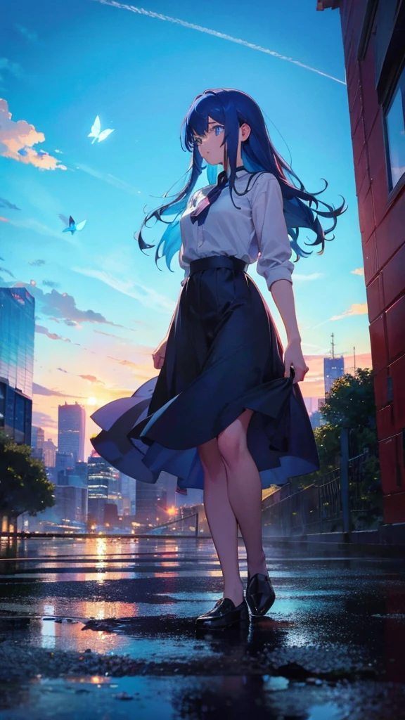 1 anime girl, alone,blue hair,Blue shining jewel eyes,Black petals flutter, A mysteriously shining butterfly.blue sky,city,Vivid blue hair,bright blue jewel eyes,thin legs,cloudy sky,very clear,highest quality,Are standing,Straight Hair,morning,Mid-length skirt,City of Sunsets,Looking up at the sky,profile,Look to the side