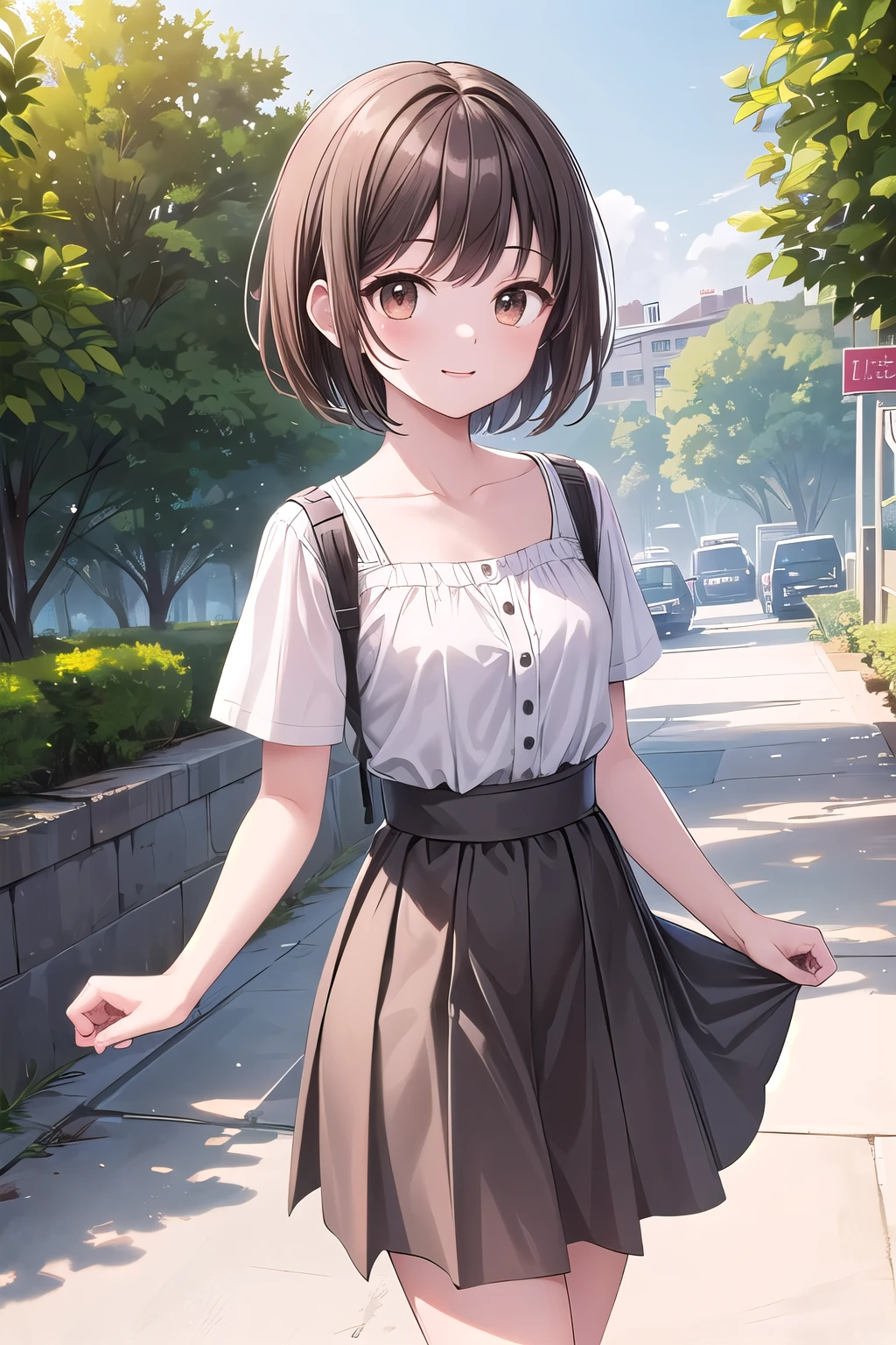 Solo Girl, 20 years old, short hair, dark brown hair, brown eyes, medium chest, happy, animated costume, maxi skirt, summer, outdoors, long legs, top quality, high resolution, very detailed, detailed background, perfect lighting
