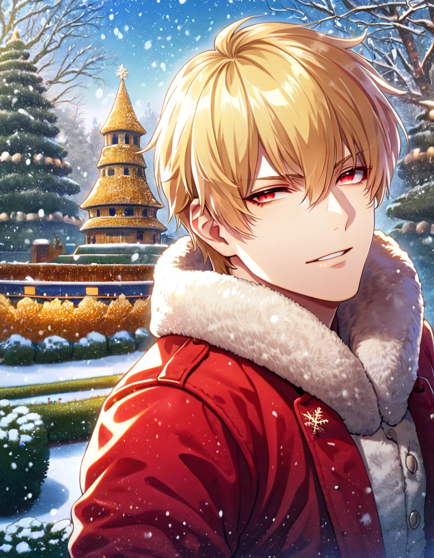 absurdres, highres, ultra detailed, HDR, master piece, best quality, extremely detailed face, Gilgamesh, blonde hair, expressive red eyes, fate grand order, red coat with fur, warm clothes, solo, handsome, sexy man, snowing, snowflakes, kingdom, garden