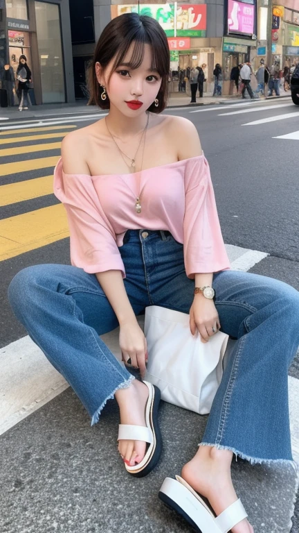 (8k, Photorealistic, Raw photo, Highest quality: 1.4),Japanese idol style1Beautiful girl of the person,20-year-old,Short bob hairstyle,Silver Hair,Hang your hair over your ears,Wearing small earrings in the ears,Big, clear grey eyes,Long eyelashes,Plump Cheeks,She is wearing pink lipstick,Apply gloss over your lipstick for glossy, plump lips,A short pendant hangs around her neck.,TWearing a shirt,He is wearing denim cargo pants that cover his ankles.,wearing sandals on bare feet,Tote bag hanging from shoulder,Shibuya Scramble Crossing,Full body portrait