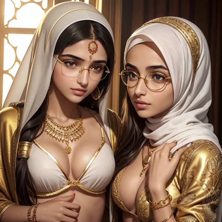 A beautiful high school glasses Arabian 17 years old girl model, white skin, sharp nose, thin lips, circle face, tight bra, wearing hijab, golden indian bangle and bracelet, golden necklace, golden swiss polo watch, kissing a man, squinting eyes, detailed horny face