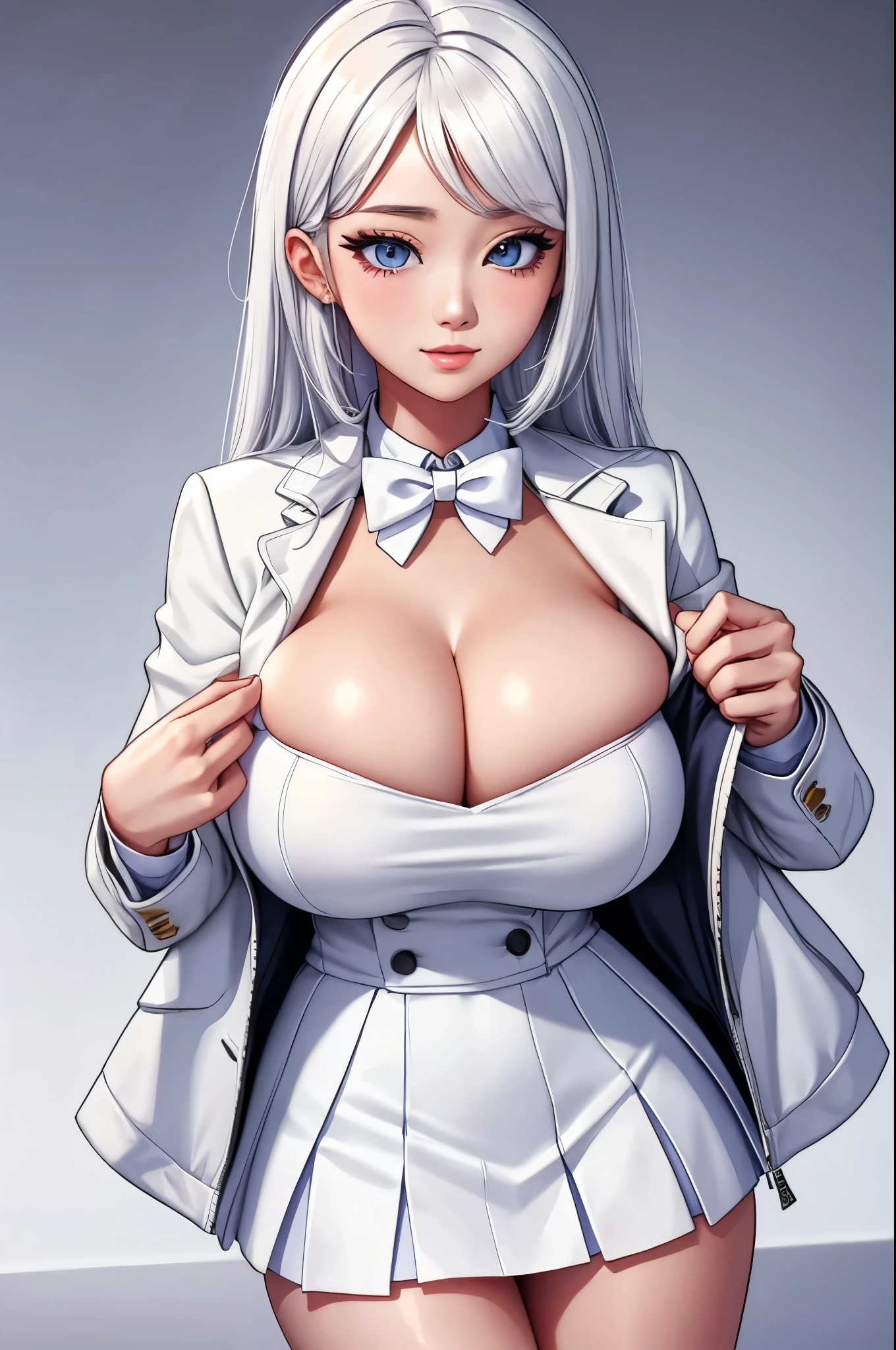 there is a woman with long hair wearing a white jacket and a bow tie, korean girl, cleavage, white hair, short skirt