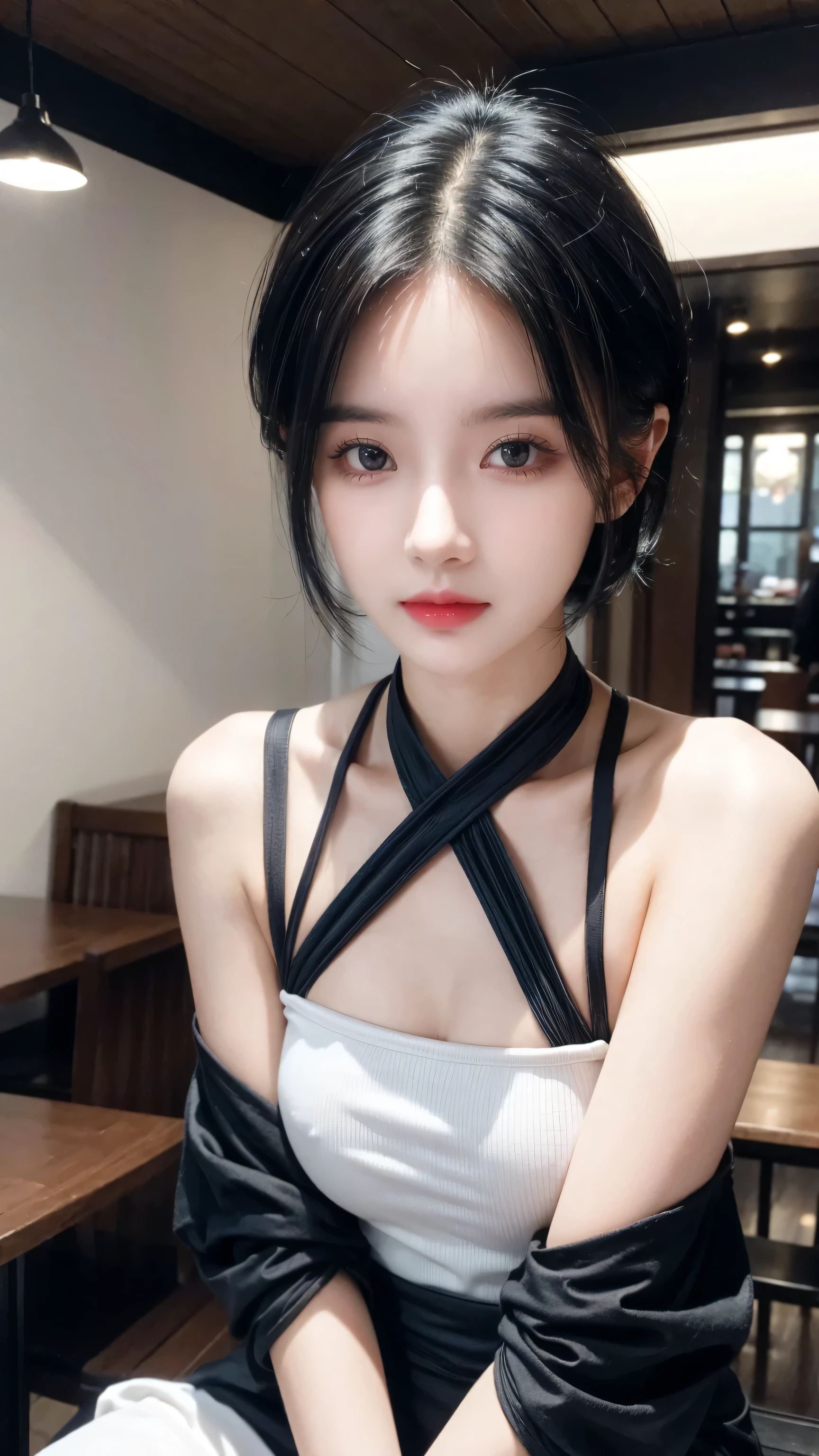 best quality, 1 Girl, dark blue hair, black eyes, Very short hair, Spiky hair, jum suite , 171 cm, Messy hair, Hair between the eyes, Medium breasts, full, Tomboy, aldult, 20 years old, 1 Girl in the restauran