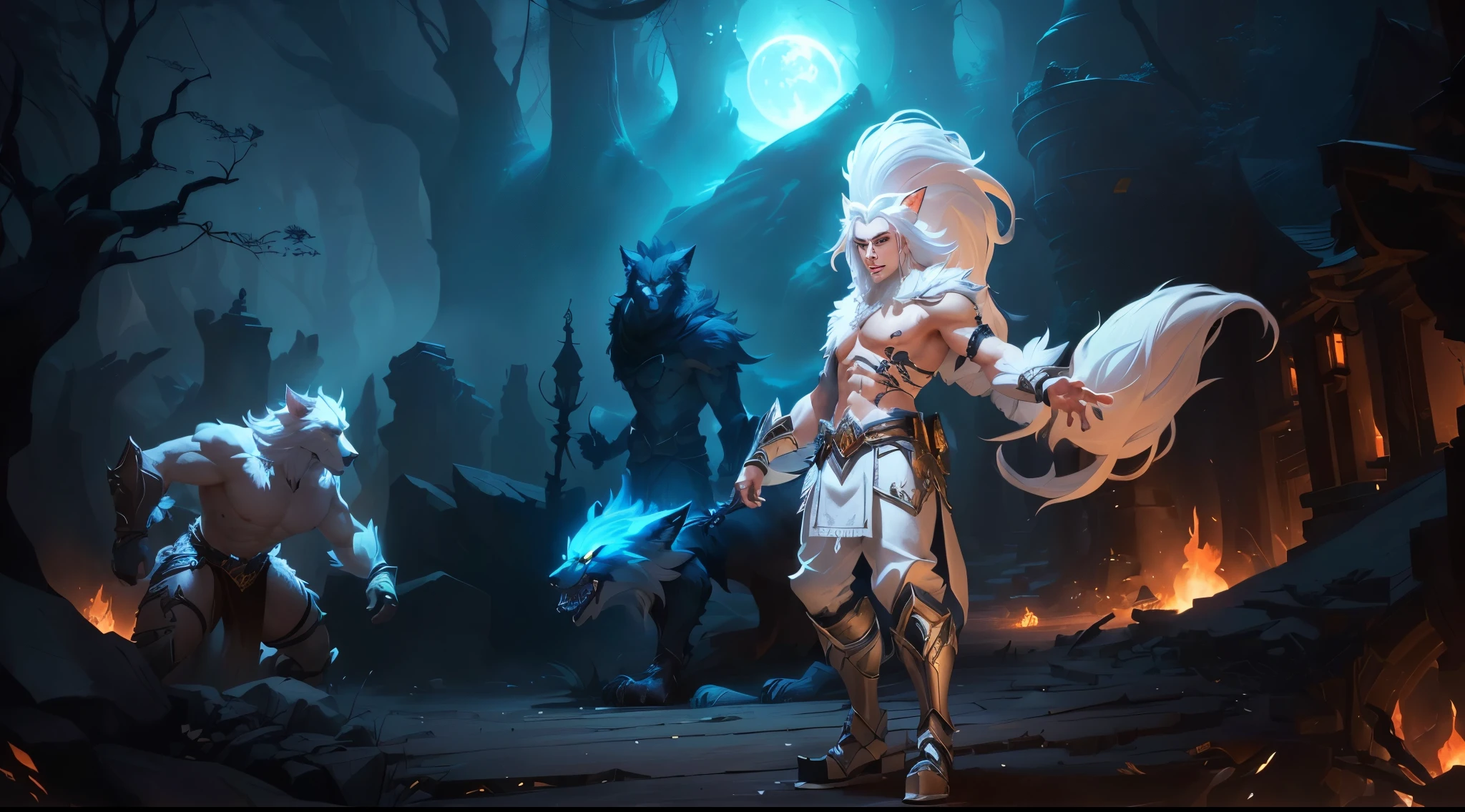 A cartoon image of a man with white hair,There is a big white wolf tail,Wolf ears on the head,The body emits a faint white light, La Rafael, Official ink art, Character ink art, artstation for kids art, 3D rendering official art, fantasy concept art, iconic Character ink art, From League of Legends, Background artwork, liana wraps two fantasy creatures, Humanoid werewolf fantasy race