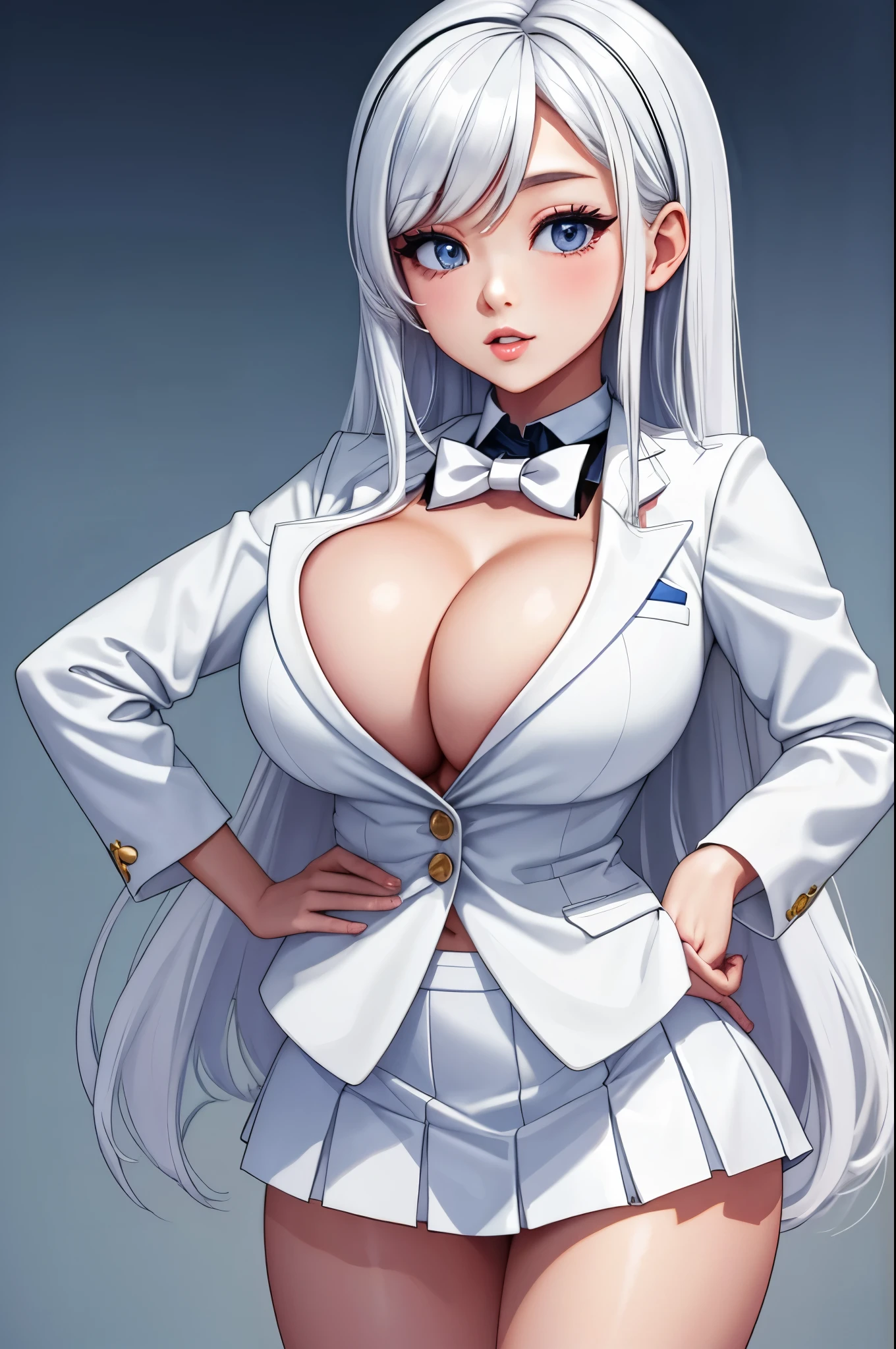 there is a woman with long hair wearing a white jacket and a bow tie, korean girl, cleavage, white hair, short skirt, standing