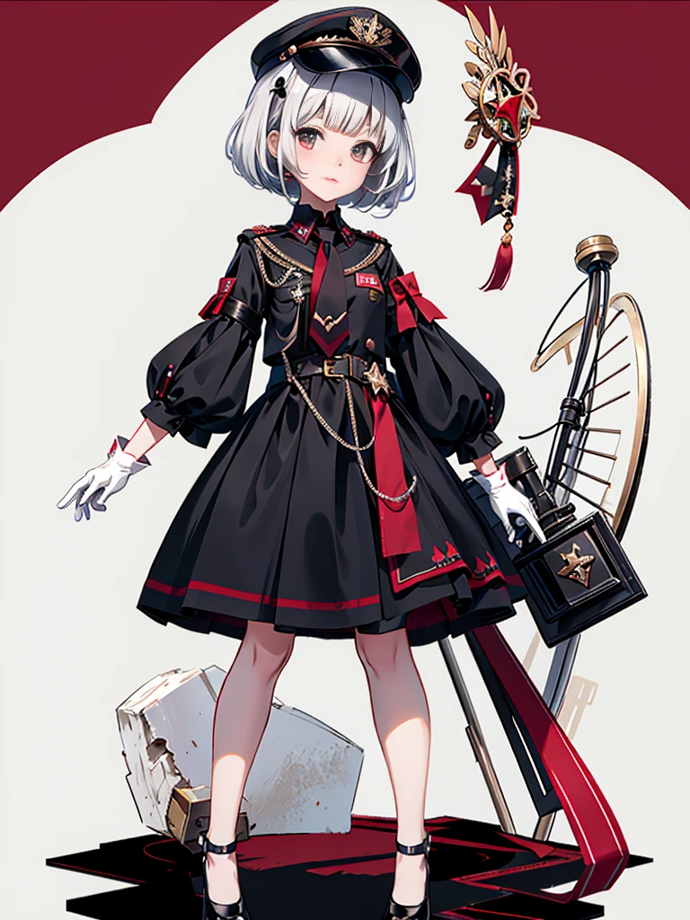 1girl、highest quality、vtuber-fullbody、Milky white short hair、Masterpiece、Official Art、The best composition、Standing in front of the viewer、Simple Background、Black and red gothic military、m1l1t4ry, necktie, black gloves, black dress, peaked cap, puffy dress, short sleeves,
