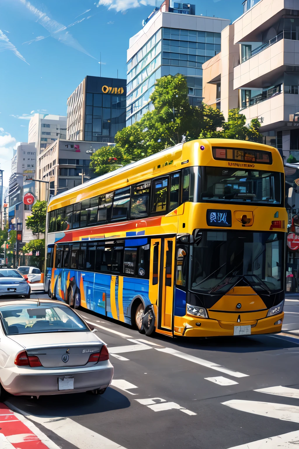 ((mejor calidad)), ((obra maestra)), (detallado), urban mobility traffic, at a traffic intersection congested with public transportation vehicles and pedestrians crossing the street
