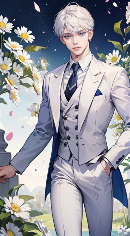 ((masterpiece)),(((best quality))), (detailed light) (detailed shadow), (high quality, breathtaking),(expressive eyes, perfect face), 1man, solo, male, tall, (mature), board shoulder, muscular, short Platinum hair, side swep bangs, blue eyes, smiling, white suit, white tie, daisy flower background, flower petal flying, windy, look at viewer, one ear earing.