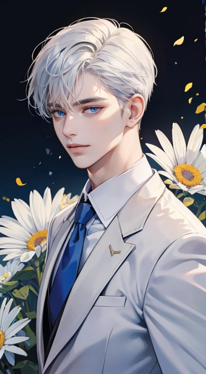 ((masterpiece)),(((best quality))), (detailed light) (detailed shadow), (high quality, breathtaking),(expressive eyes, perfect face), 1man, solo, male, tall, (mature), board shoulder, muscular, short Platinum hair, side swep bangs, blue eyes, smiling, white suit, white tie, daisy flower background, flower petal flying, windy, look at viewer, one ear earing.