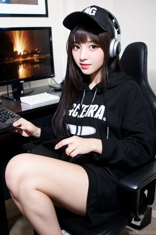 ((best quality)), ((masterpiece)), (detailed), 1girl, black hoodie, black cap , sitting on a gaming chair, beautiful straight black long hair , cute poses, cute gaze, playing computer , full body , headphones