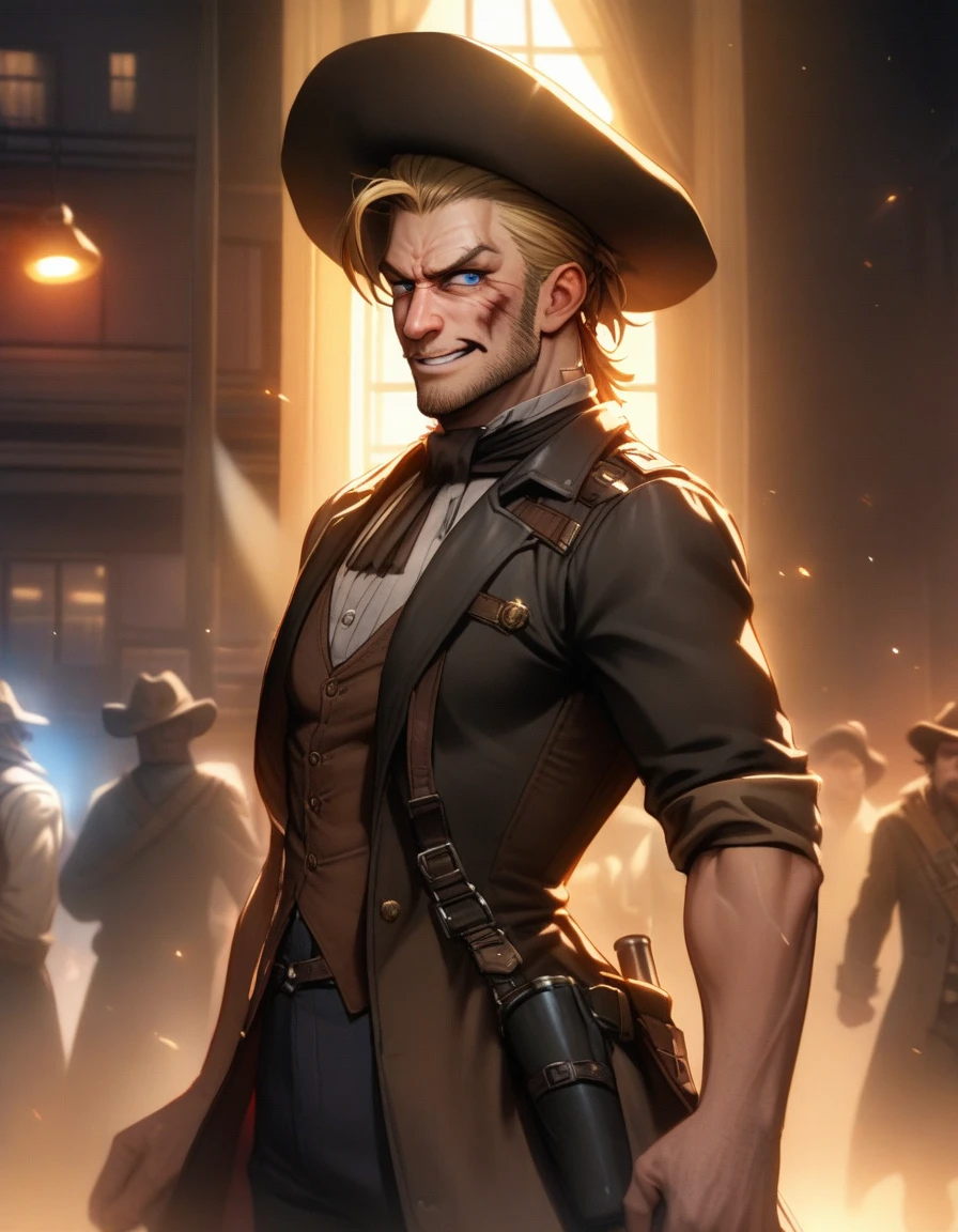 1man, mature gunman, blond, short hair, little scruff, blue eyes, ordinary outlaw, ugly face, super detailed skin, handsome Caucasian, dandy, smirk, BREAK cowboy costume, tengallon hat, black coat, waist holster, 1800s style outfit, BREAK fullbody, solo focus, looking at viewer, Western bar at night, from side, cinematic shadows, cinematic lighting, lens flare, light leaks, 8k, sharp vision, extreme all detailed, masterpiece, best quality