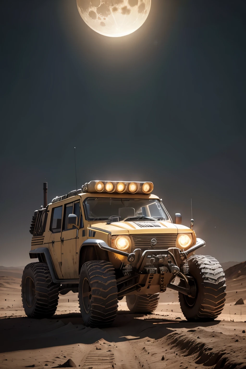 Realistic photograph of a retro-futuristic lunar rover, fully armored with riveted metal plates, on the surface of the moon. The rover has robust, industrial shapes with a rugged, imposing design. The body is covered in polished metallic panels, showcasing visible rivets and welds, exuding a sense of strength and durability. The vehicle features a striking yellow paint with reflective metallic accents, enhancing its industrial look. The windows are small and reinforced with tinted glass, designed to withstand the harsh lunar environment. The large, heavy-duty wheels are built for traversing rough lunar terrain. The background shows the desolate, cratered surface of the moon with the Earth visible in the distance, illuminated by the stark, bright sunlight. Captured with a Canon camera, aperture f/2.8, high shutter speed to capture the static elements, dramatic lighting to emphasize the metallic surfaces and industrial details