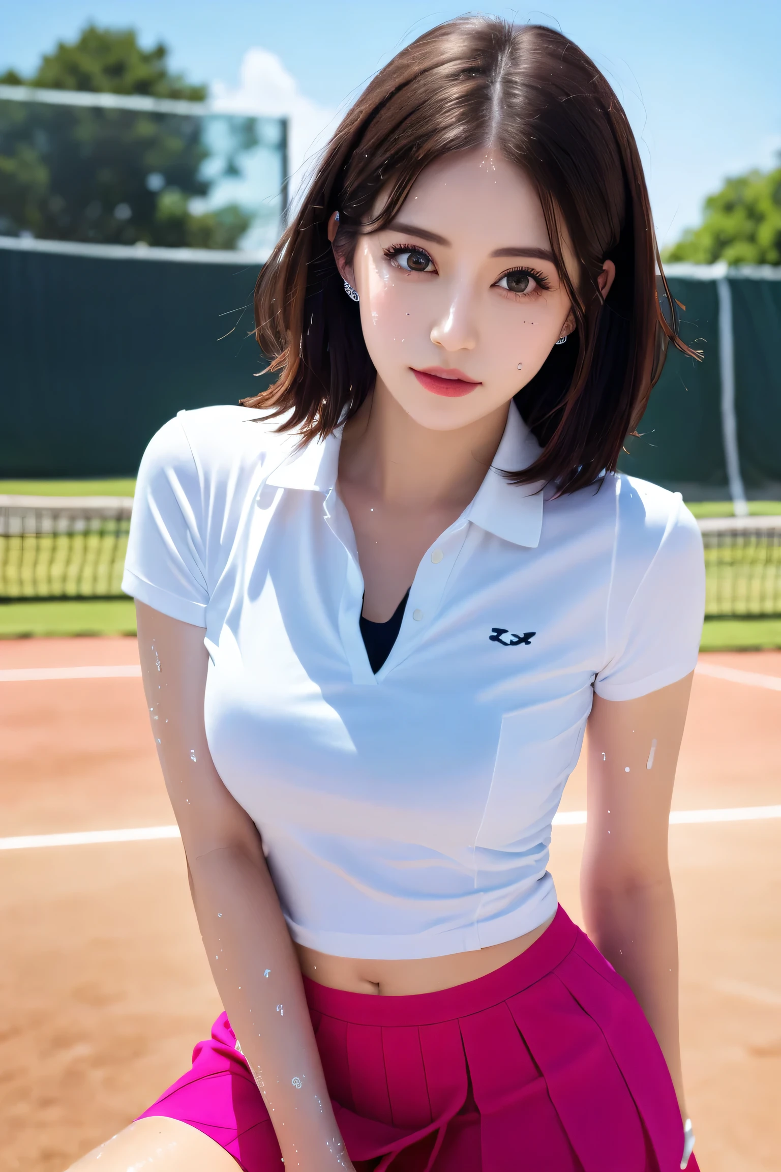 1 girl, alone, White polo shirt, White sneakers, Pink tennis wear: 1.3, White mini skirt, masterpiece, highest quality, Realistic, Hyper Detail, (Shiny skin, Sweaty: 1.4), Disorganized, looking at the camera, Short black hair, Brown eyes, thin, Dynamic Lighting, High resolution, Sharp focus, Depth of written boundary, Fine grain, Sharp eyes, Realistic eyes, (big: 1.2), (Thick thighs: 1.0), Outdoor, null, Korean Idol, Nogizaka Idol, Idol Sculpture, actress,