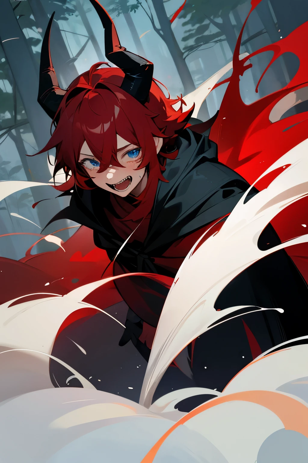 4 devil horns, black, 1 man, red hair, blue eyes, in the forest, laughing, thick fog, crazy, laughing with tears in his eyes, red shirt, has a black cloak, age 30.