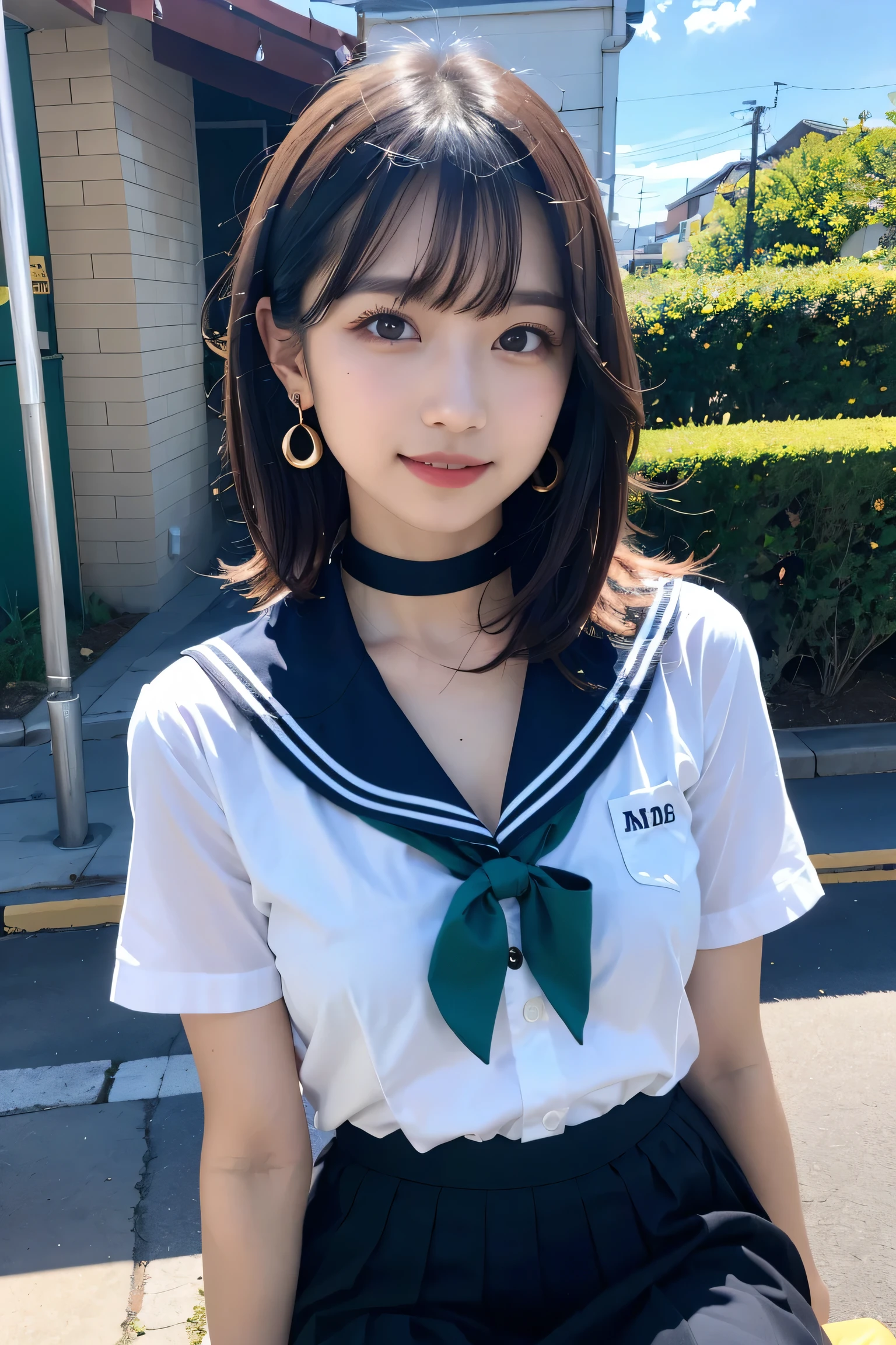 One girl, Front hair, black_choker, black_hair, green_Sailor_collar, green_skirt, Bush, choker, collarbone, Day, Earrings, flower, jewelry, lips, Looking_in_Audience, Outdoor, plant, pleined_skirt, Potted plants_plant, road, Sailor_collar, School_uniform, serafuku, shirt, short_hair, short_sleeve, Sitting, skirt, smile, One person in, stage,