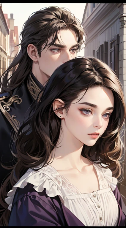 masterpiece, best quality, realistic, 1woman 1 man, mature female, mature male, 25 years old, close his eyes, closed mouth, extremely detailed face, ((dark purple eyes)), ((woman with Black long hair with French twist)), [thin eyebrows woman], accurate, in the town, ((man with dark grey eyes and Short dark brown hair)), [thick eyebrows woman]