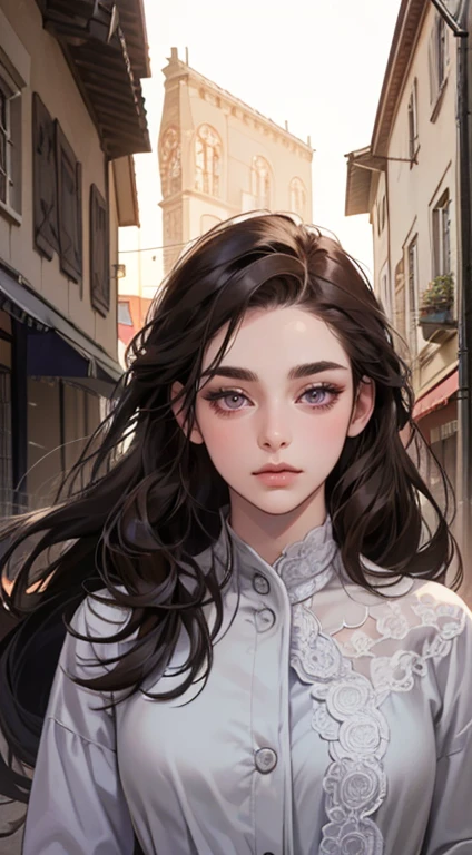 masterpiece, best quality, realistic, 1woman 1 man, mature female, mature male, 25 years old, close his eyes, closed mouth, extremely detailed face, ((dark purple eyes)), ((woman with Black long hair with French twist)), [thin eyebrows woman], accurate, in the town, ((man with dark grey eyes and Short dark brown hair)), [thick eyebrows woman]