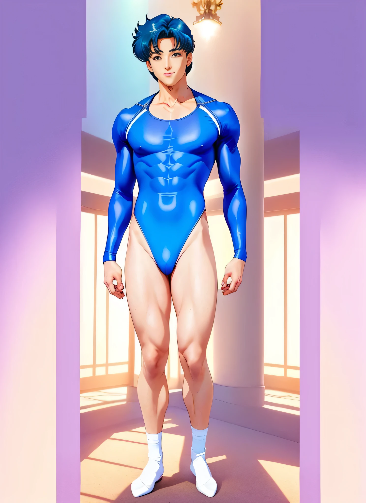 Mizuno Ami as a boy、solo、Man in blue leotard、clothing:Light blue leotard、Short blue hair boy、Blue-eyed boy、feminine face、Leotard、Boy wearing a leotard、Rogue Anime Boy、Wearing a leotard、Anime Male Full Body Art、Leotard、(The leotard has long sleeves, The leotard has a high-cut waist)、Gymnastics Leotards、Beige hose、Beige Half Shoes、smile、boy、Beautiful boy、Handsome boy、Blue Hair、Muscular boy、erect、a fully erect penis、pt bodyect hands、perfect legs、(male body:1.7)、