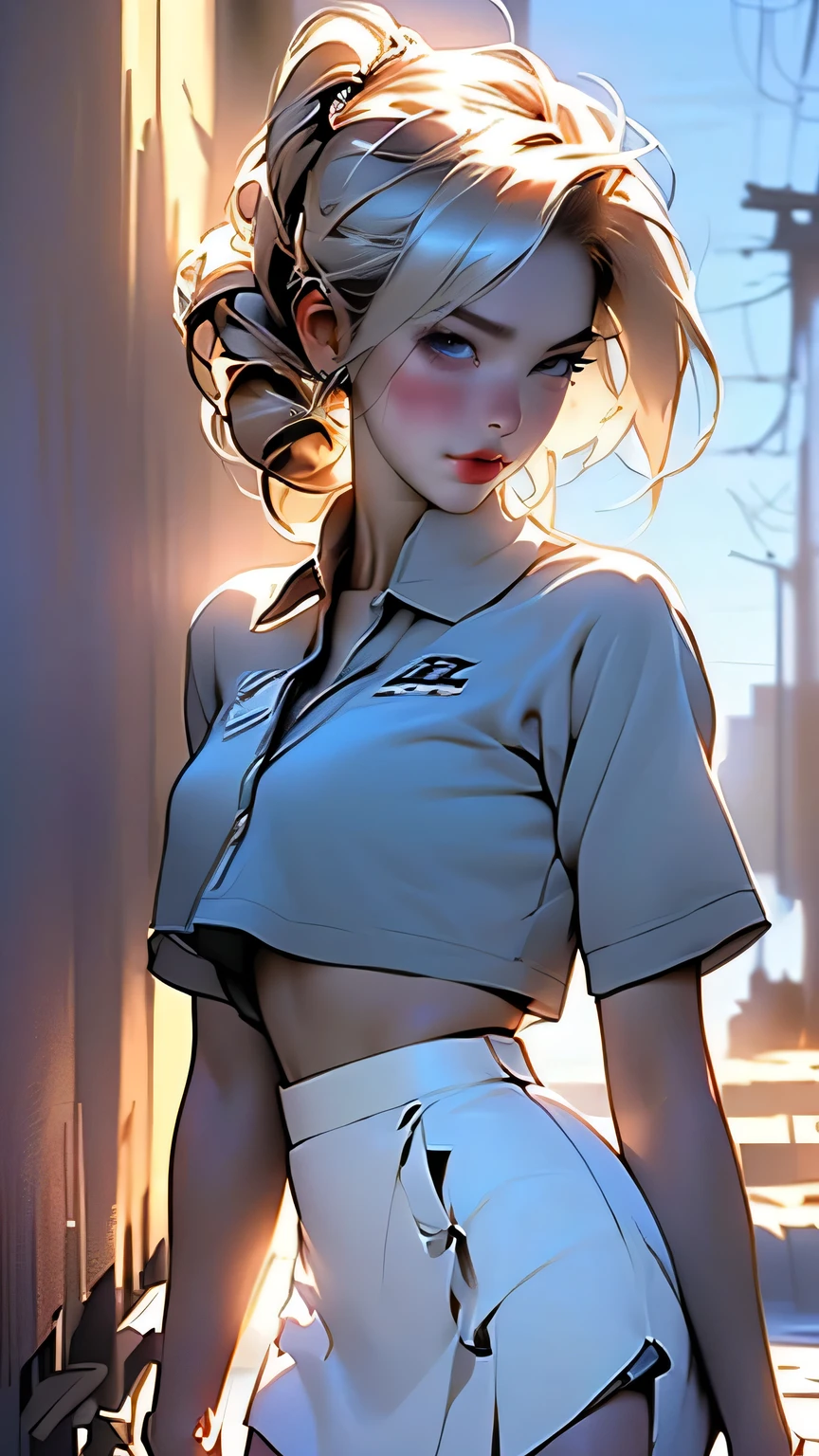 (A woman in uniform:1.5),(Black Mini Skirt:1.5),(((Skirt flip:1.5))),(Standing with your legs apart:1.2),(((pink micro panties:1,5))),(Camel Toe:1.5), (Blonde Short Hair),(front:1.5),(From below),(Beautifully detailed eyes),(Beautifully detailed face), (Very detailedな顔:1.5),((Very detailed hand drawing:1.5)), ((Thick thighs:1.5)),(Beautiful body:1.5), (Wall thickness:1.5),(Clear blue sky in the background:1.5), (Gentle light:1.5),(Written boundary depth:1.5),break､(Very detailed:1.5), (Realistic:1.5)))), 8k,wallpaper, masterpiece, 最high quality, high quality, High resolution､