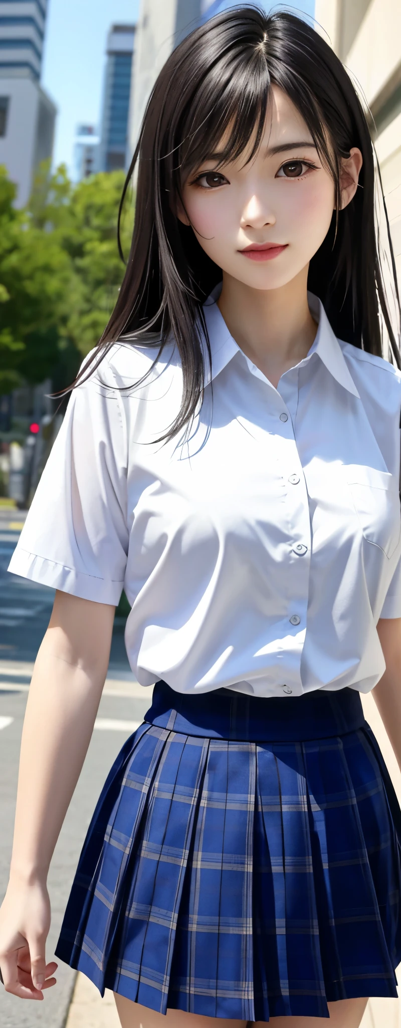 {top quality, masterpiece}, (Realistic: 1.3), (photo Realistic: 1.3), wallpapers, BREAK {{{FF7, Tifa_lockhart, solo}}},{{{Japan JK uniform, White short-sleeved shirt, Navy Blue Plaid Pleated Skirt, Dark blue short socks, loafers, see through shirt}}}, (background big city,shibuya:1.1),{{{gravure pose, Nogizaka idol}}}, Ultra-detailed face, Detailed eyes, Red eyes, BREAK (black brown hair, Large breasts: 1.0),  BREAK  About 18 years old, (no bra), kawaii, sensual, looking away, Beautiful legs, {{{erotic eyes, erotic mouth, erotic face}}}, {{{behind view, back hair, calf}}}, {{{walking}}}