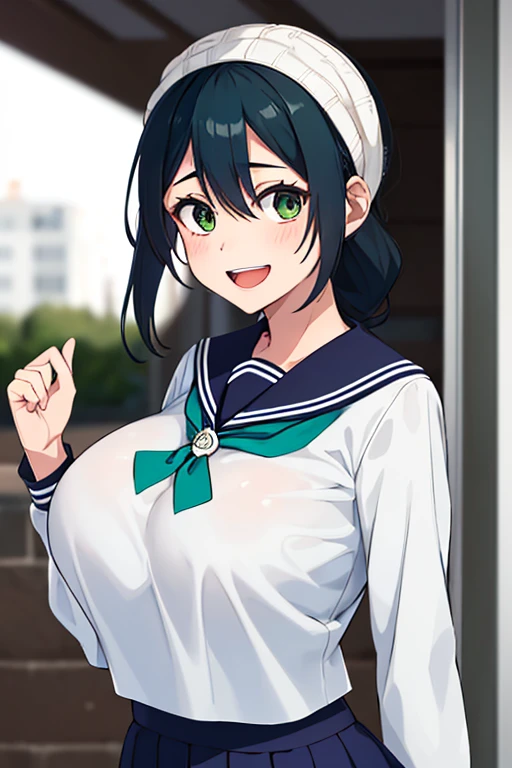 One Girl, Amanirico,  Open_mouth, smile, School_uniform, Closed_eye, mailbox, Sailor_collar, serafuku, length_sleeve, length_hair, alone, shirt, hair_Between_eye, :d, green_Sailor_collar, 前hair, alone_concentrated, white_shirt, （Huge breasts:1.5）