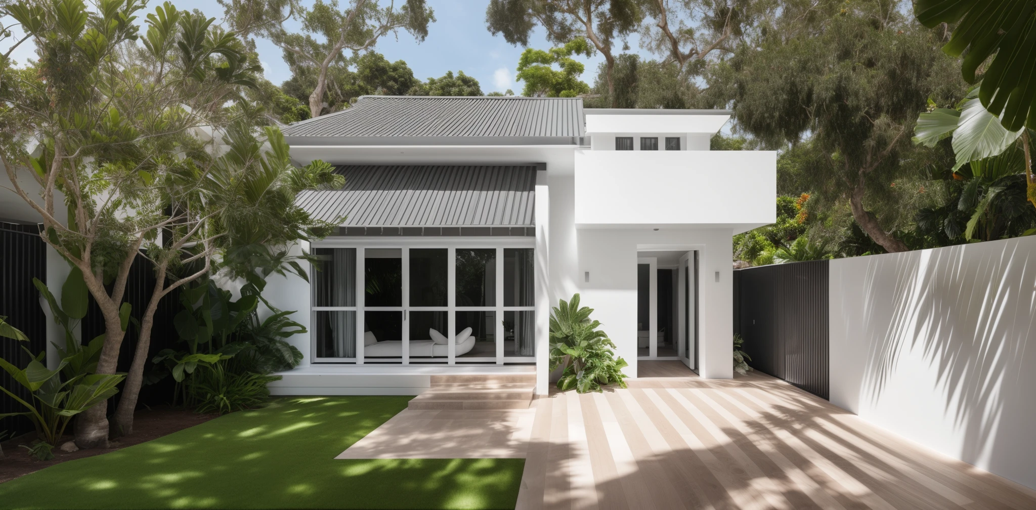 The exterior of the house, tropical plants and trees, glass window, white wall,
natural lighting, (hight detailed:1.2), RAW photo, 8k uhd, dslr, soft lighting, high quality, film grain, Fujifilm XT3