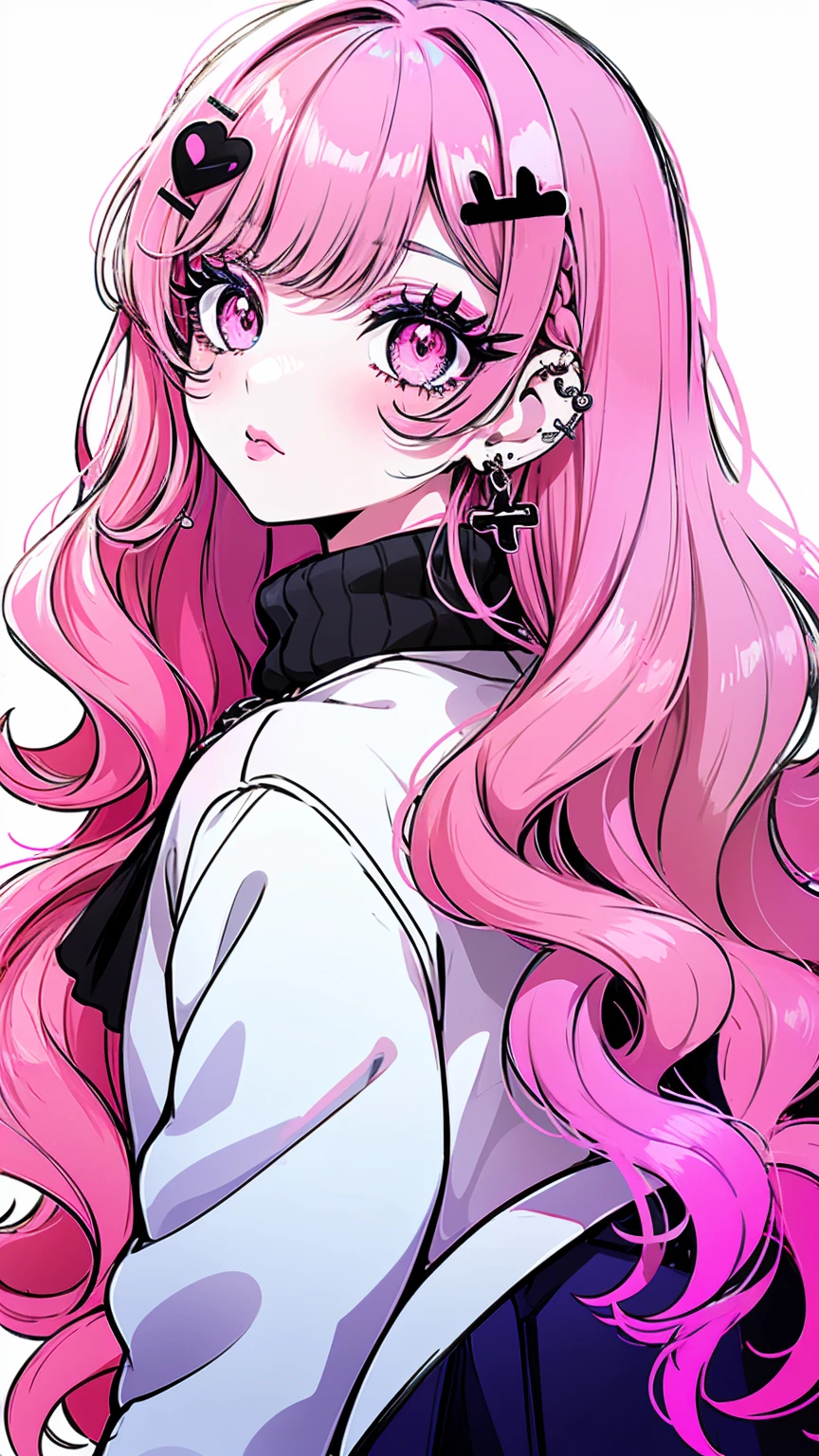 rainbow, 1girl in, Solo, Long hair, Looking at Viewer, Blue eyes background, White background, Jewelry, Closed mouth, Jacket, Upper body, Pink hair, earrings, Pink eyes, Necklace, From Side, Sweaters, Lips, Eyelashes, makeup, Wavy Hair, Piercing, Cross, lip stick, ear piercings, eyeshadows, hoop earrings, Pink lips, multicolored eyes, Pink Theme, , Pink Eyeshadow,