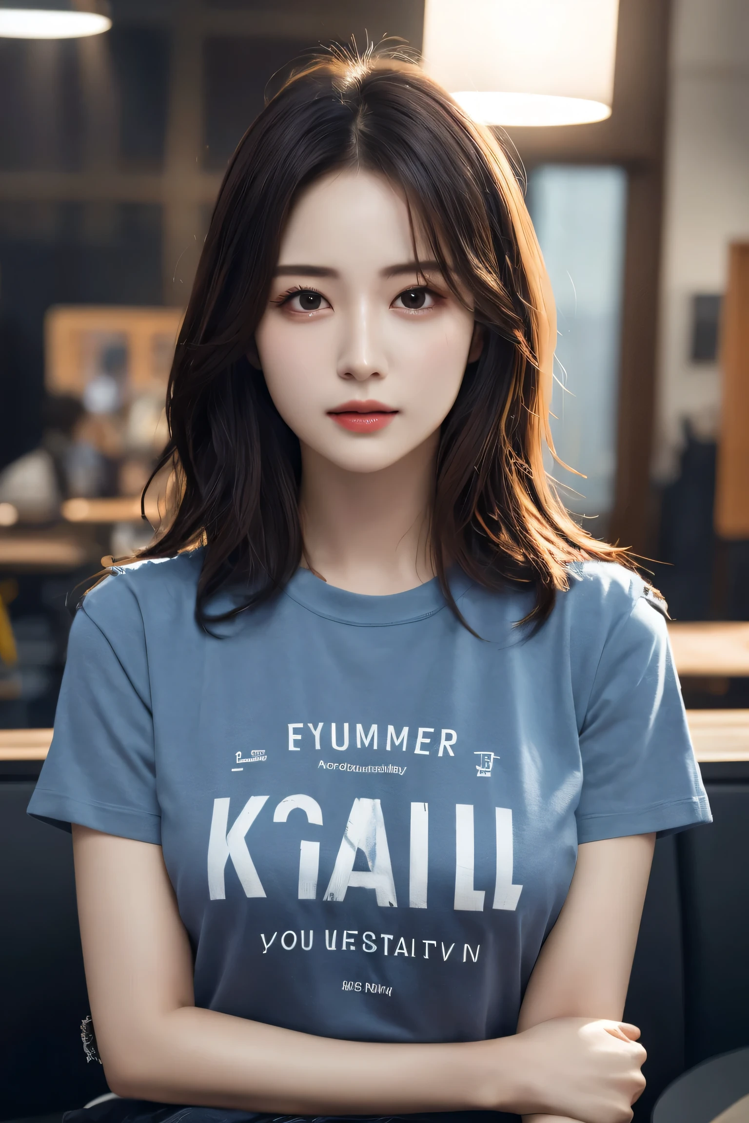 (highest quality, High resolution, masterpiece :1.3), Dressed, (Photorealistic: 1.4), (Super realistic: 1.4), (Realistic: 1.3), (Smooth lighting: 1.05), (Improving the quality of cinema lighting: 0.9), 32k, 1 girl, 20-year-old girl, Realistic lighting, Backlight, Face Light, Ray Tracking, (Bright light: 1.2), (Quality improvement: 1.4), (Quality improvement: 1.4), Fine grain, Detailed face, Quality Eyes, (tired, Sleepy and satisfied: 0.0), Face close-up, T-Shirts, (Enhances the body line: 1.1), (Enhances the beauty of skin texture: 1.1), Korean Idol, Nogizaka Idol, Idol Sculpture, actress, Fashion model posing