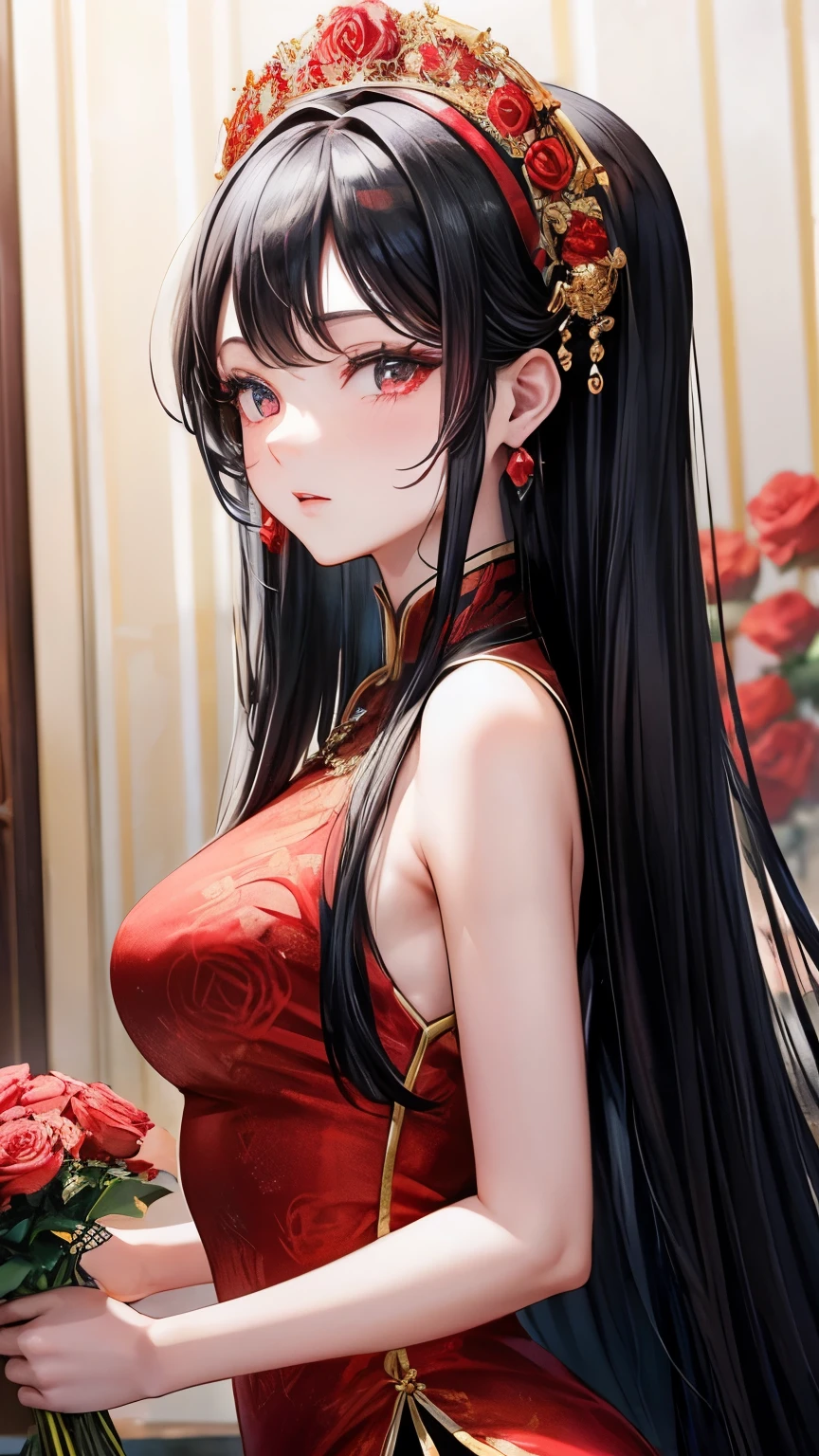 Taiwanese Idol Long straight black hair China dress Night Court A royal palace decorated with many bright red roses