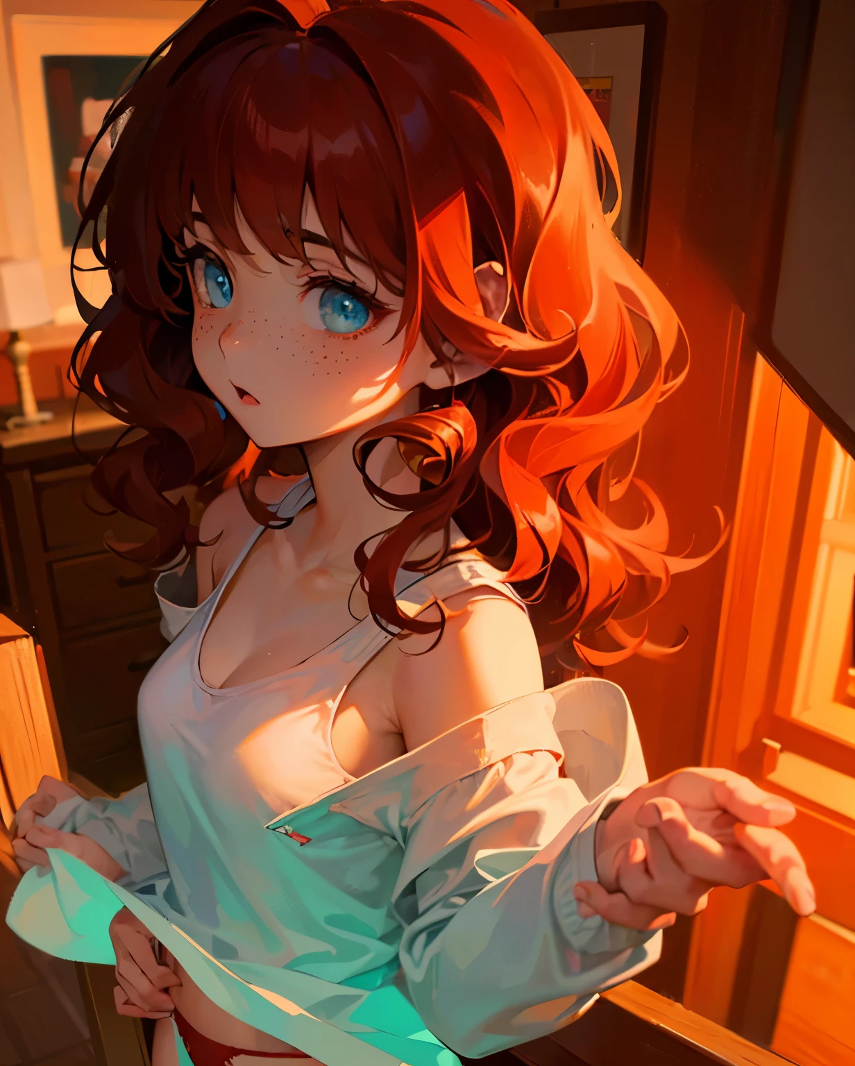 Top quality face, (full-body view), ((Top Quality, 8k, Masterpiece: 1.3)), girl, sexy selfie, ((wavy hair, pale skin, long light ginger hair),((light blue eyes)), freckles, warm light,( 16 years old), (very small round breasts),Ultra detailed face, detailed eyes, double eyelids, (body builder:0.8),(shiny skin:1.2), (full-body view), white top and red panties