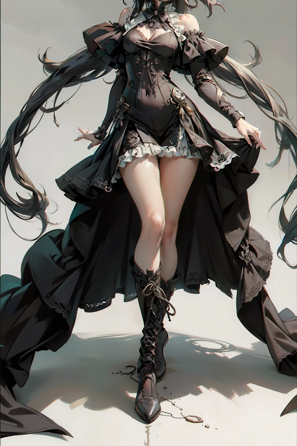 ((best quality)), ((masterpiece)), (detailed), blank white background, plain background, white background, Bloodborne inspired, occult aesthetic, occult, detailed and intricate steampunk and detailed gothic, NSFW, Very dramatic and cinematic lighting, cosmic horror, grim-dark, side-lighting, perfect face, NSFW, Fluttering lace flared long knee length dress with frilly petticoats, knee length dress, pleated petticoats, lolita dress, petticoats gothic lolita, complex lace boots, side-lighting, gothic lolita aesthetic, beautiful small breasts, small breasts, full body, whole body, body, plain background, white background, blank background, no background, white background NSFW, full body, whole body, head-to-toe