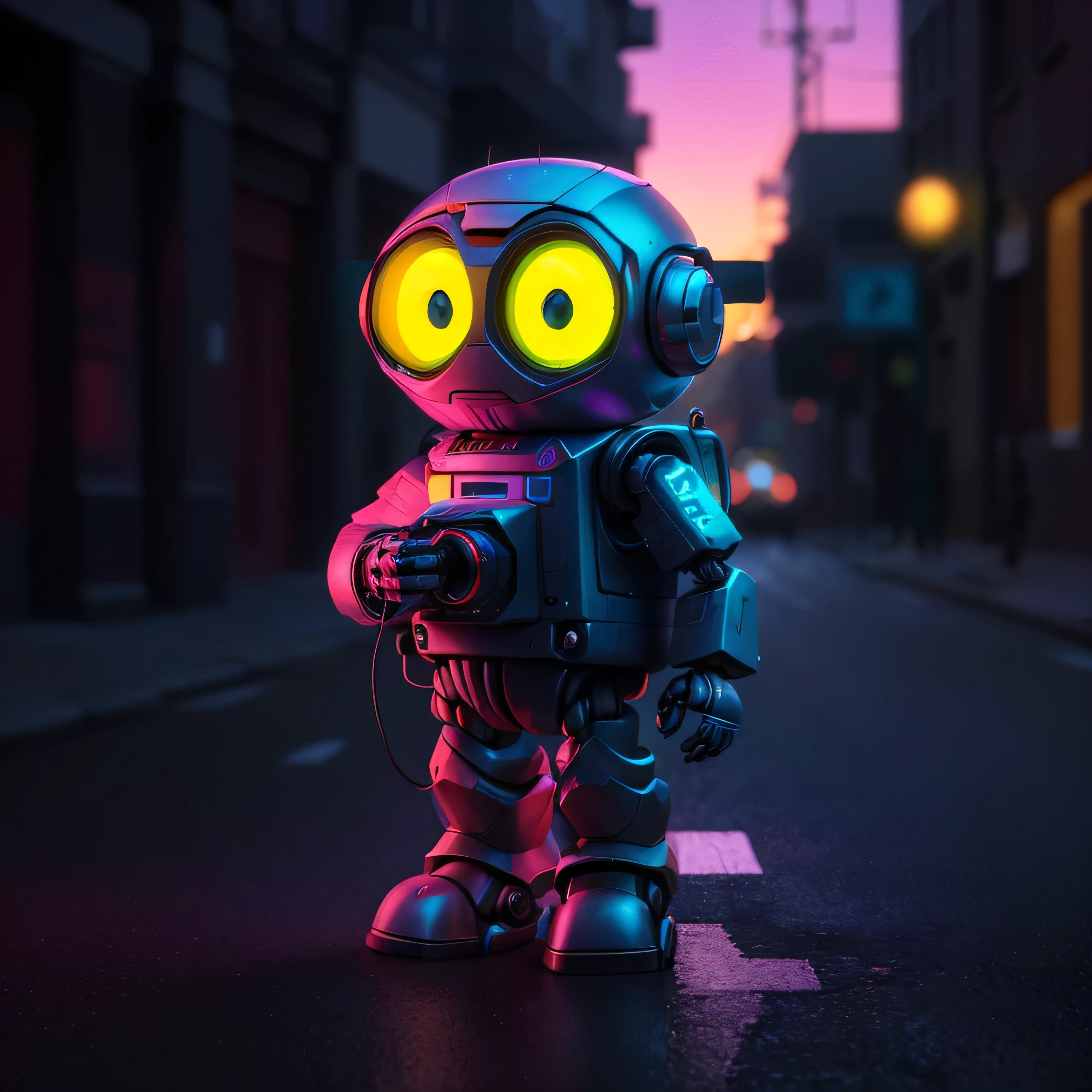 There is a little robot with glowing eyes standing on the street, 3 d render Beeple, in style of Beeple, Beeple!!, Beeple masterpiece, Beeple. renderizado de octanaje, Beeple style, Beeple artwork, style hybrid mix of Beeple, Beeple and jeremiah ketner