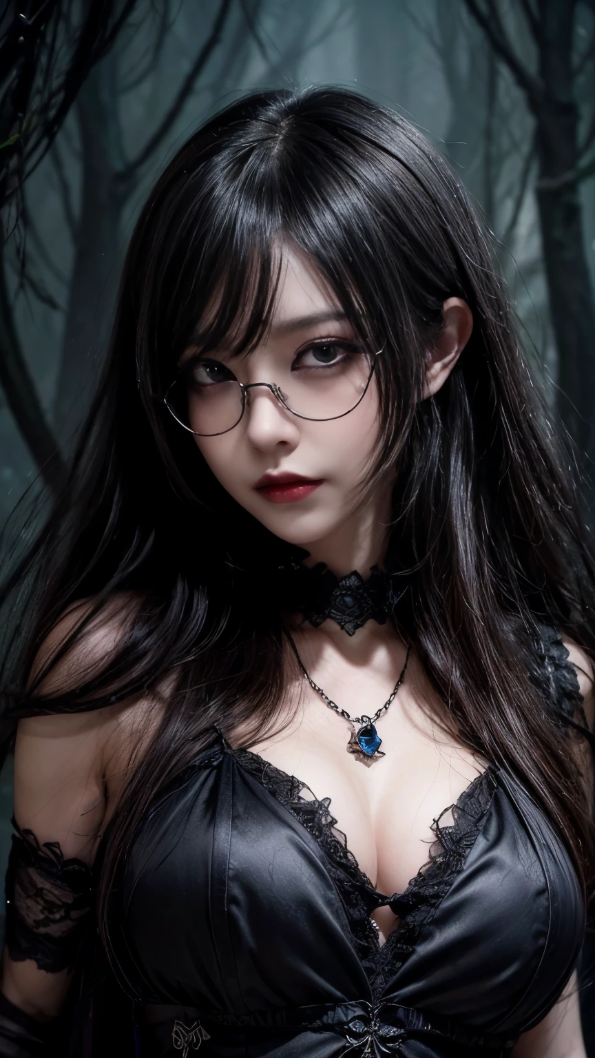 (highest quality,4K,8k,High resolution,masterpiece:1.2),Very detailed,(Realistic,photoRealistic,photo-Realistic:1.37), Close-up of a woman with dark hair and wearing a black dress, Dark Eyes,An ominous smile,((((Glasses))))、((((big sapphire necklace))))、Evil Aura,Burning Flames,Soul Corruption,Dark Shadows,An ominous atmosphere,Strange symbols,Cursed Land,Eternal Darkness,Unforgettable are present,Intimidating person,Grotesque features,Horror Scene,twisted reality,Scary atmosphere,A wonderful work of art,Evil Unleashed,Supernatural horror,Spooky art,nightmare fuel,Terrifyingly clear,Abstract fear,Terrifyingly beautiful,masterpiece,Fear incarnate,Shadow Chaos,are present,to be born々Shii Darkness,in style of Dark Fantasy Art, Dark Fantasy Art, Beautiful and elegant queen of darkness, Dark Fantasy Art, fantasy dark art, Dark fantasy digital art, Gothic fantasy art, Gothic Dark Maiden, Detailed Texture,Spooky creatures,An ominous atmosphere,Mythical,Space horror,darkness,Mysterious,Dark aesthetic,Fog Background,Eyes of another world,Ancient Gods々々々, Powerful wizard, MysteriousStanding in the woods. Flowing robes decorated with symbols, Arms stretched out, Powerful,Tentacles,Pitch black blackness,Majestic,Unfathomable depth,nightmare,The are present of the universe,an ominousare present,seeping darknesss,Secrets of the Universe, (Spooky atmosphere), (((Dramatic Shadows), (Dynamic pose), ((Artistically expressed)), ((charm), (Gothic), (Mysterious Setting), (Moody color palette), (Skillfully drawn), (sense of unease), (Intricate details), (an ominous smile), (an ominous), (charm eyes), (Horror elements), (charm composition), (Impressive anatomy),(Striking contrast))), (Interesting character designs)、Dark Fantasy Portrait, Portrait of the Dark Goddess,