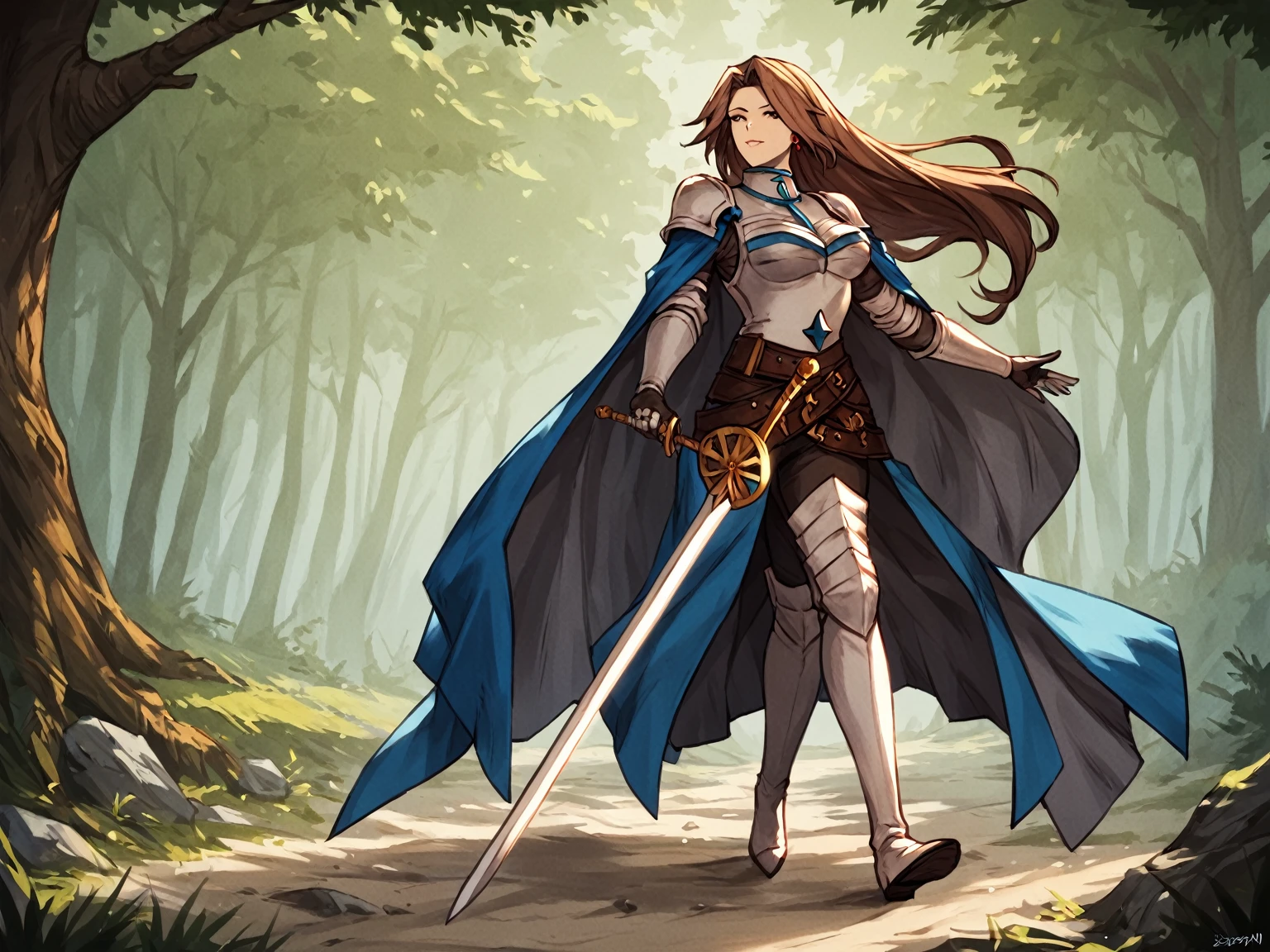 score_9, score_8_up, score_7_up, score_6_up, score_5_up, score_4_up, rating_explicit,
BREAK
1girl, katalina \(granblue fantasy\), brown hair, parted bangs, long hair, brown eyes, adult, mature, looking away,
BREAK
solo, standing, armor, cape, holding sword, walking,
BREAK
forest, cinematic, detailed background, dynamic pose, angled shot, dynamic angle, sunbeam, 