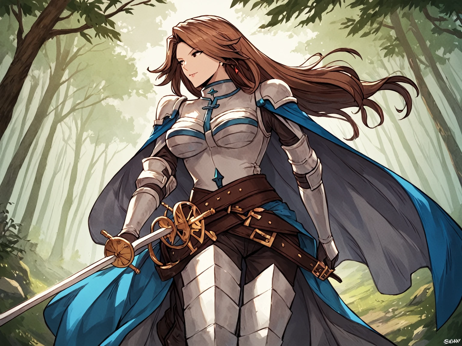 score_9, score_8_up, score_7_up, score_6_up, score_5_up, score_4_up, rating_explicit,
BREAK
1girl, katalina \(granblue fantasy\), brown hair, parted bangs, long hair, brown eyes, adult, mature, looking away,
BREAK
solo, standing, armor, cape, holding sword, walking,
BREAK
forest, cinematic, detailed background, dynamic pose, angled shot, dynamic angle, sunbeam, 