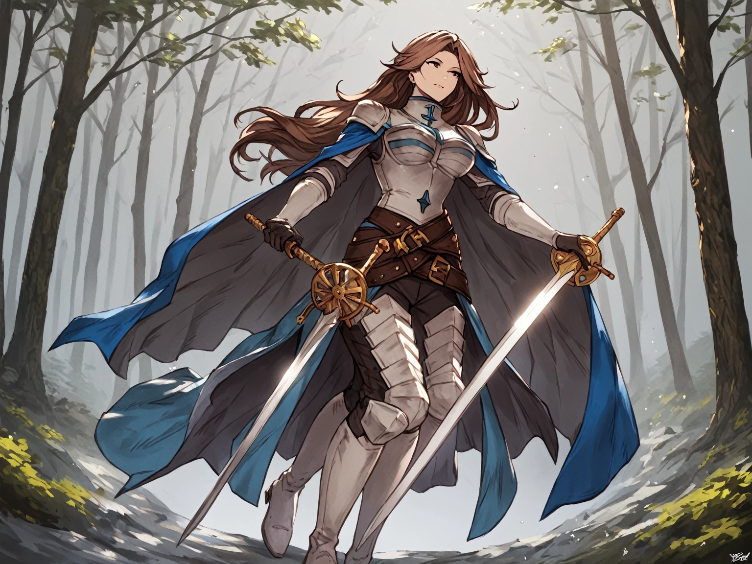 score_9, score_8_up, score_7_up, score_6_up, score_5_up, score_4_up, rating_explicit,
BREAK
1girl, katalina \(granblue fantasy\), brown hair, parted bangs, long hair, brown eyes, adult, mature, looking away,
BREAK
solo, standing, armor, cape, holding sword, walking,
BREAK
forest, cinematic, detailed background, dynamic pose, angled shot, dynamic angle, sunbeam, 