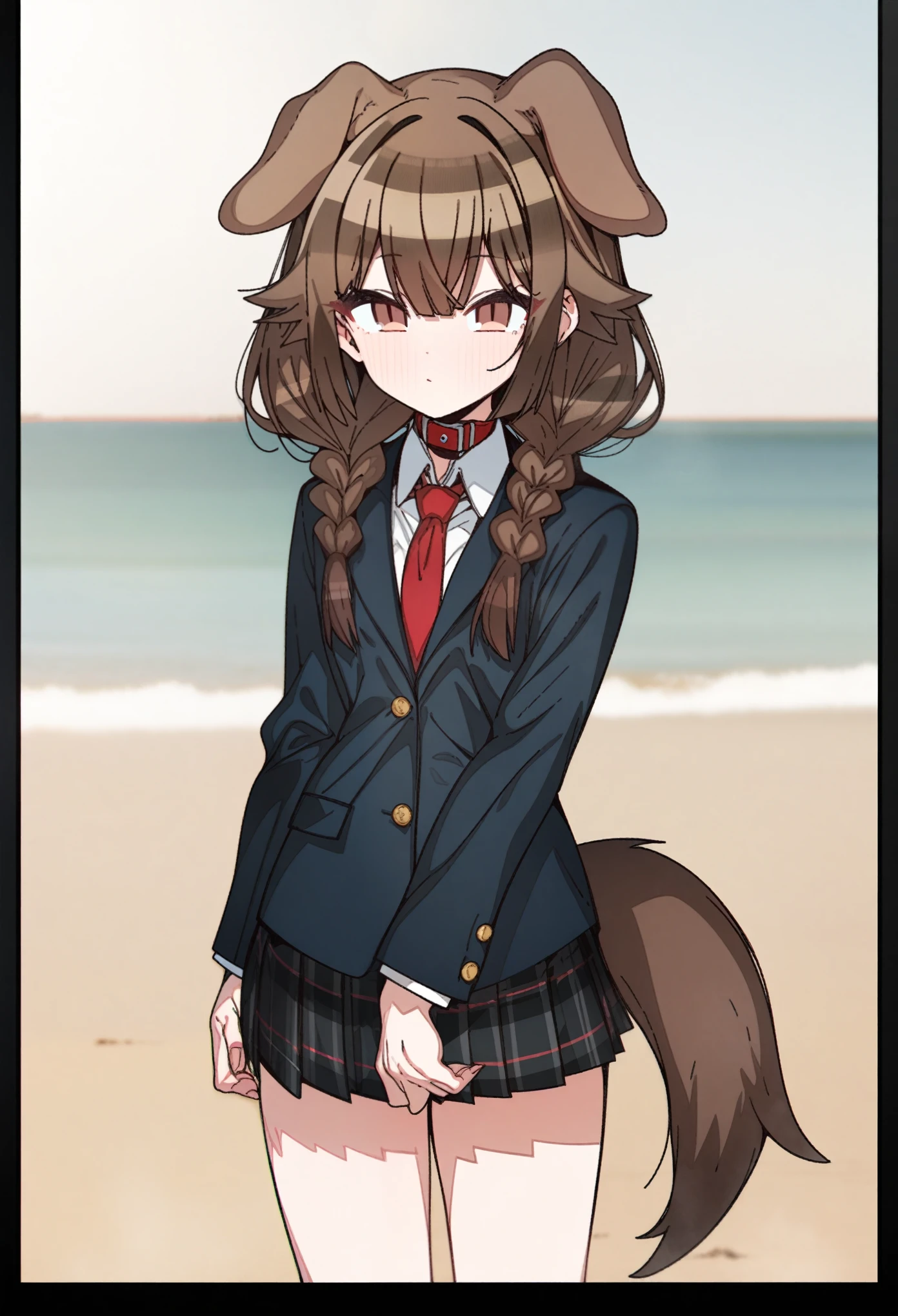 hoshino_(blue_archive) with brown hair and brown eyes, Artist, erere, Copyrights, idolmaster, idolmaster_shiny_colors, Character, General, 1girl, brown_hair, blunt_bangs, blush, medium_breasts, breasts, detailed eyelashes, beatiful girl:1, brown_eyes, censored, school_uniform, pleated skirt, blazer, red tie, dog_tail, animal_collar, twin_braids, dog_ears, bone_hair_ornament, :|:0.5, (full_body) (standing in middle, beach), sky:0.7, half-closed_eyes, detailed, sand, outdoors, from_side, looking_at_viewer, masterpiece, best_quality, great_quality, girl, solo, center_composition, centered character, cute
