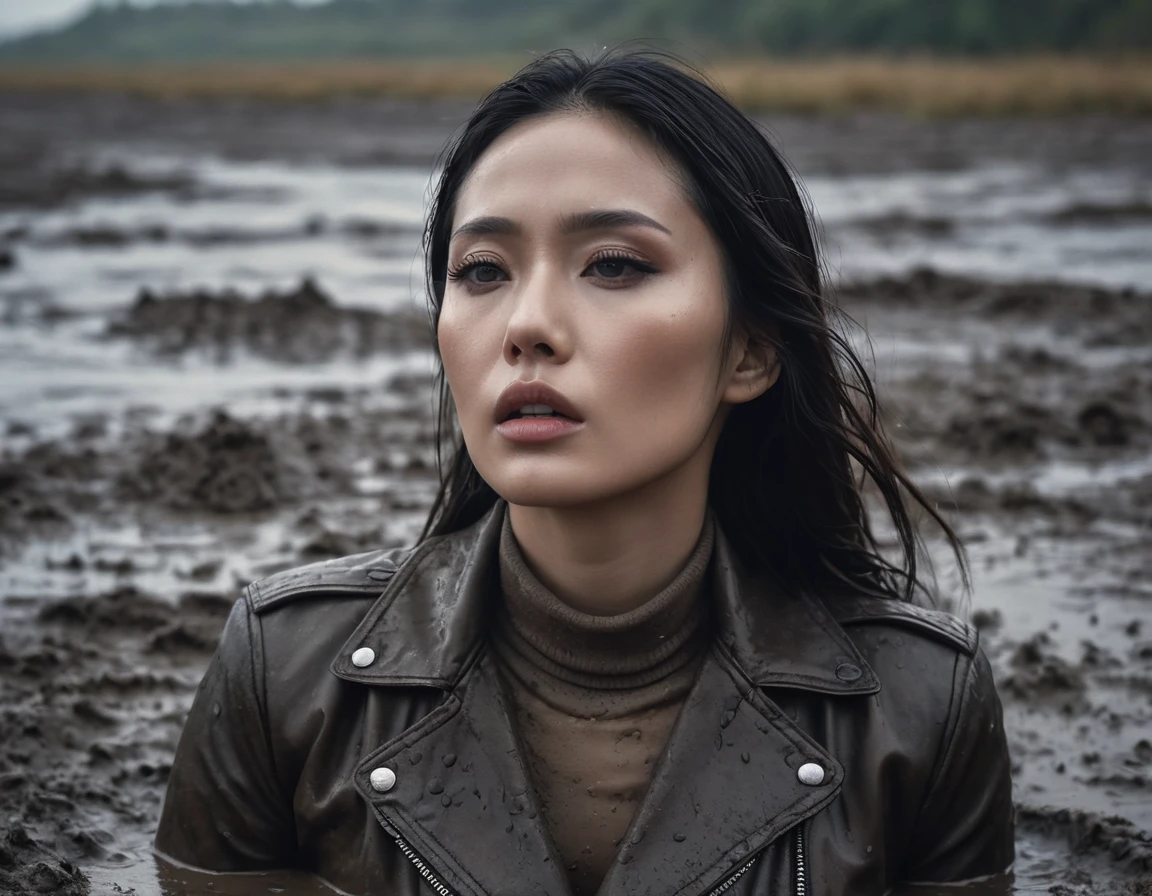 8k, ultra-detailed, documentary drama photo, grainy film photo, from afar view, masterpiece,muted colors, muffled light, dusk, rainy, moody, noir, loneny woman head completely drown in mud, light turtleneck, desperate orgasm expression, loosing control of herself, beautiful long brunette hair,  depraved outfit, asian:0.5, fetishistic makeup, full frame, messy leather biker jacket