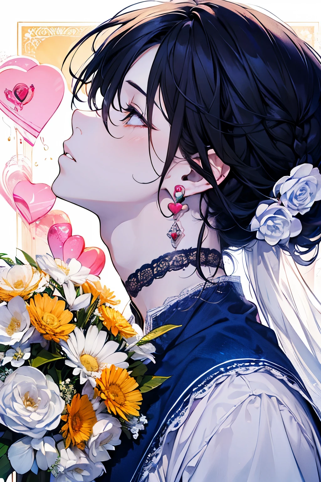 ((17years old man:1.2)), masterpiece, best quality, braid hair, black hair, (half up and half down hair:1.1),(portrait),white wedding dress,(pop and cute flower pattern background), (perfect hands),(NAVY,yellow,white),looking front,((Large and gorgeous earrings:1.1)),(With eyes closed, waiting for a kiss:1.35),((hand to own mouth:1.2)),((upper body)),((Looking up:1.2)),((heart:1.2))