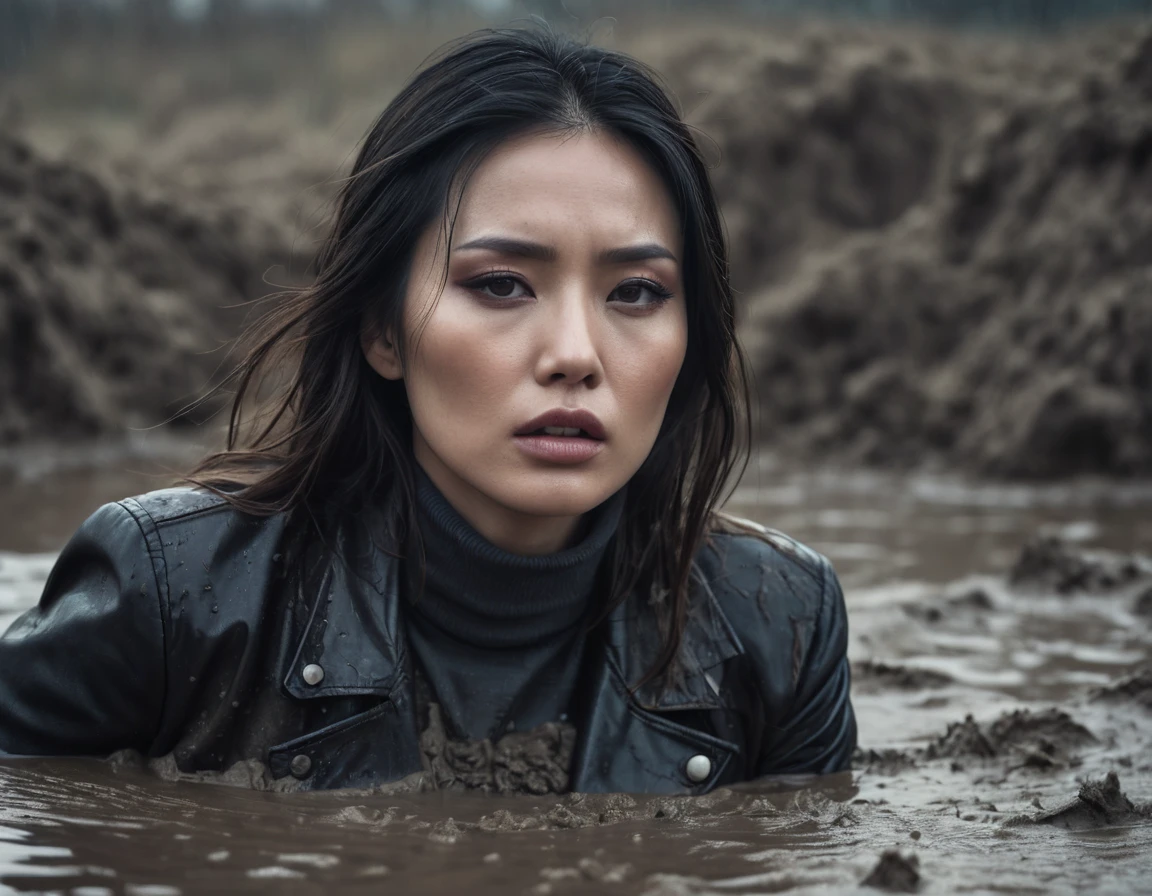 8k, ultra-detailed, documentary drama photo, grainy film photo, from afar view:1.2, masterpiece,muted colors, muffled light, dusk, rainy, moody, noir, loneny woman head completely drown in mud, light turtleneck, desperate orgasm expression, loosing control of herself, beautiful long brunette hair, depraved outfit, asian:0.5, fetishistic makeup, full frame, messy leather biker jacket