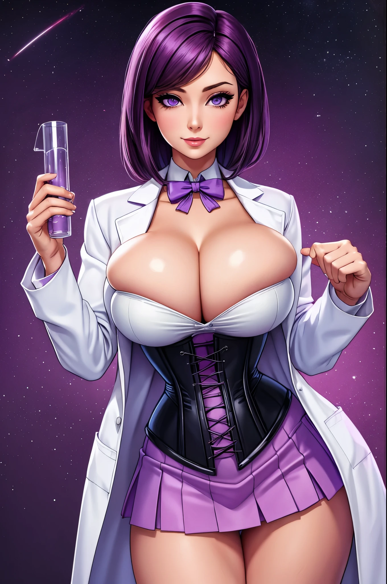 cleavage, short skirt, standing, violet eyes, seductive, lab coat, corset, scientist lady