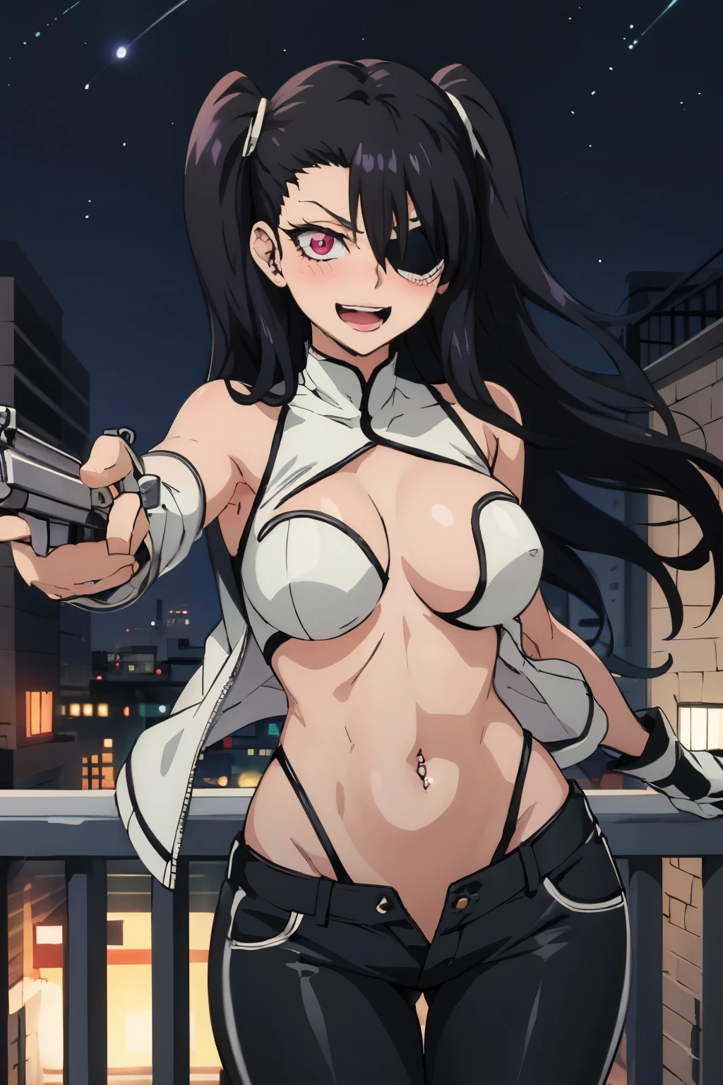 ,Loly_Aivirrne, 1girl, solo, long hair, black hair, eyepatch, large breasts, blush, lipstick, long hair, crazy eyes , outdoors, rooftop, cityscape, building, railing, night, night sky, scenery, city lights, fur trim, mature female, gloves, fur-trimmed coat masterpiece, best quality, highly detailed, a girls with a gun, evil smile , open mouth, sexy gaze, badass pose , evil smile, smile, guns blazing, anime girl with long hair, beautiful long haired girl, navel, evil expression, exposed belly, exposed navel, exposed midriff, exposed lower belly, long black pants, crop top, cleavage, unbuttoned leather pants ,open fly, low rise black leather pants, leather jacket, holding a gun,navel piercing