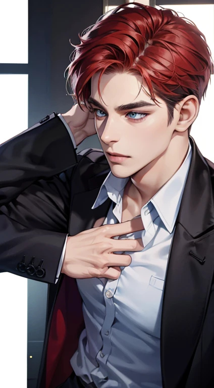 (best quality, masterpiece, 8K, photorealistic, cinematic lighting, 1:4 hdr image, ultra detailed, beautiful image), a mature man, 34 years very handsome, ((cold expression)), short red hair, blue eyes, face perfect without mistakes, ((buttoning his jacket, CEO))