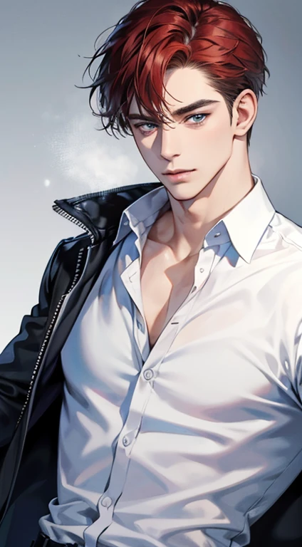 (best quality, masterpiece, 8K, photorealistic, cinematic lighting, 1:4 hdr image, ultra detailed, beautiful image), a mature man, 34 years very handsome, ((cold expression)), short red hair, blue eyes, face perfect without mistakes, ((buttoning his jacket, CEO))