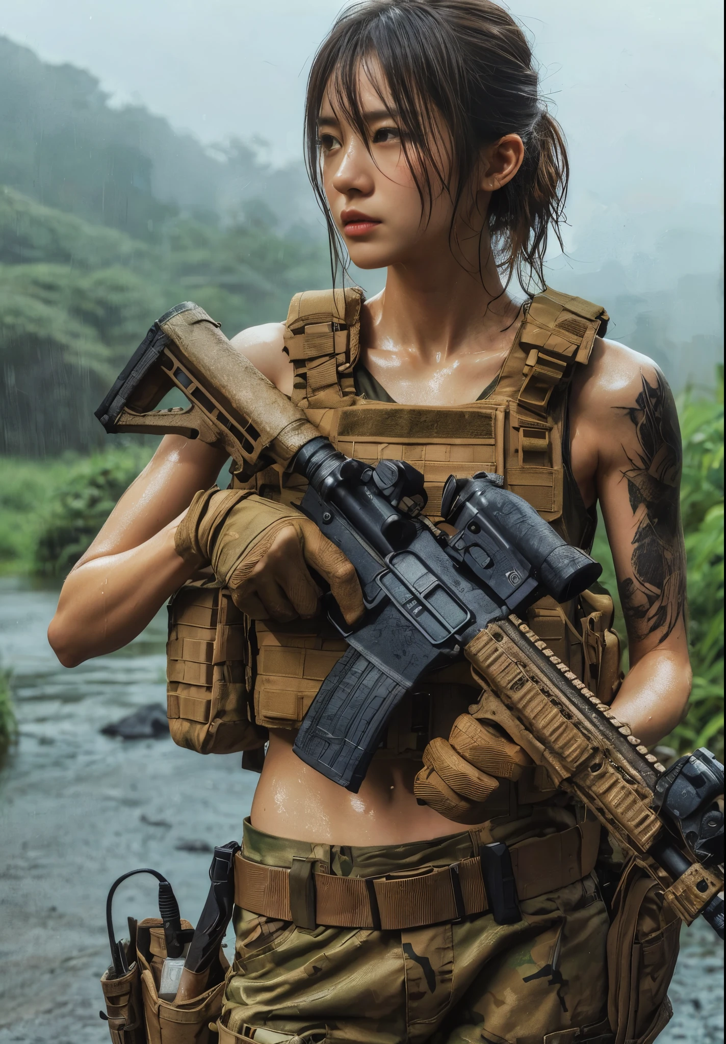 8k,Realistic Photo、Realistic Skin Texture、Superrealism、Japanese women in the US Special Forces、jungle、rifle、move on、Vigilance、Working as a team、、after the rain、Bulletproof vest、Tank top、Military Pants、jungleブーツ、Tattoo、humidity、Sweat、Dynamic pose、