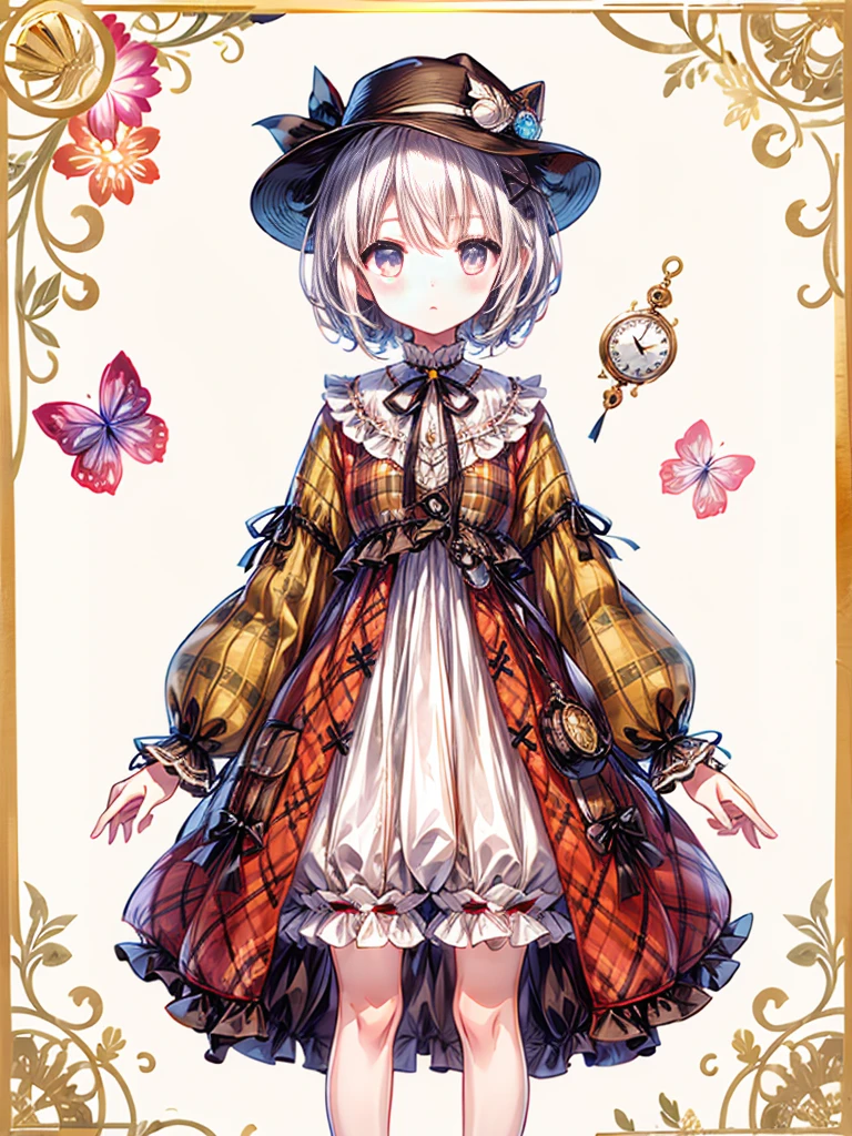 (((1girl)))、highest quality、vtuber-fullbody、Milky white short hair、Masterpiece、Official Art、The best composition、Sherlock Holmes costumes、Brown and dark brown checked herringbone hat、A poncho with the same pattern as the hat、White shirt and shorts with the same pattern as the hat、magnifying glass、Detective、A pocket watch hanging from his neck、Standing in front of the viewer、