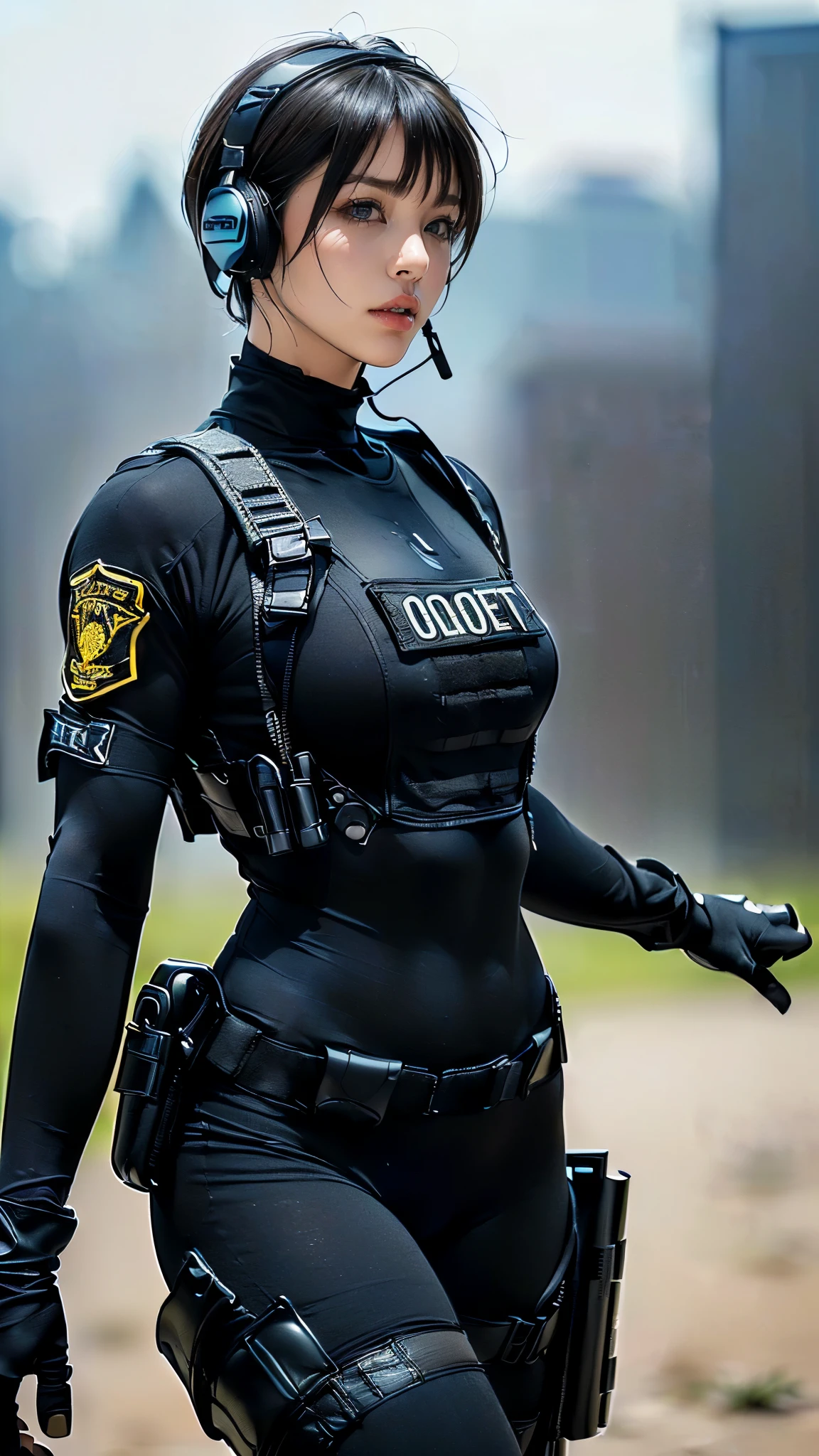 (One Woman),(((A female SWAT officer runs through the city:1.5))),((Black Tactical Bodysuit:1.5)),((Black headset:1.5)),((black tactical holster:1.5)),(Black gloves:1.5),(Serious:1.5),(short hair:1.5),(Beautiful Eyes:1.3),(Very detailedな顔:1.5),((Very detailedな女性の手の描画:1.5)),((Muscular:1.5)),(Sexy Looks:1.5),((Thick thighs:1.5)),(Beautiful body:1.5),((Very sensual:1.5)),(The background is the city:1.5),(((Blur the background:1.5))),(Written boundary depth:1.5),break(((masterpiece:1.5),(highest quality:1.5),(Very detailed:1.5),(High resolution:1.5),(Realistic:1.5),(Realistic:1.5),(Delicate depiction),(Careful depiction))),8k,wallpaper