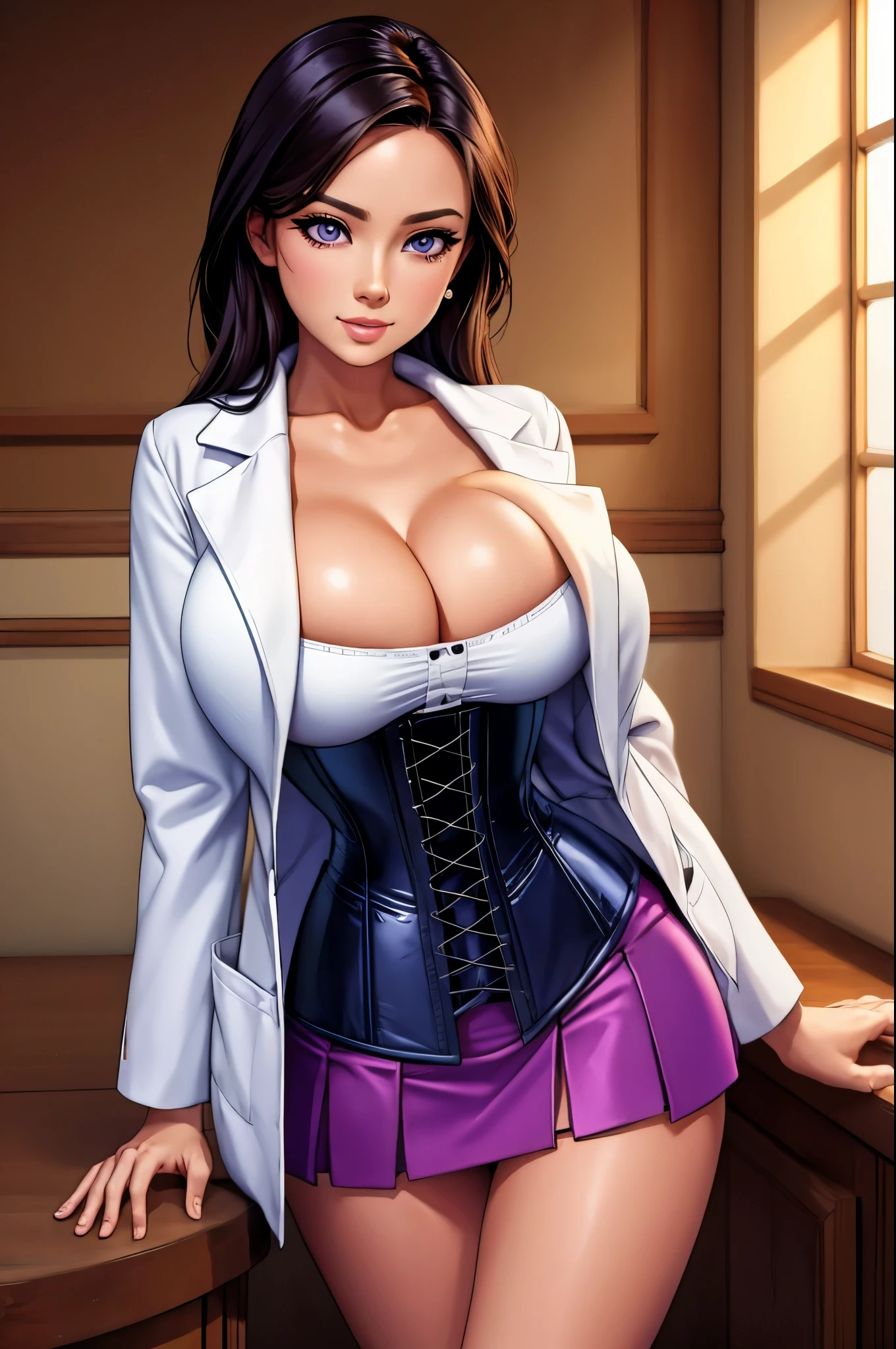 cleavage,  short skirt, standing, violet eyes, seductive, lab coat, corset, scientist lady